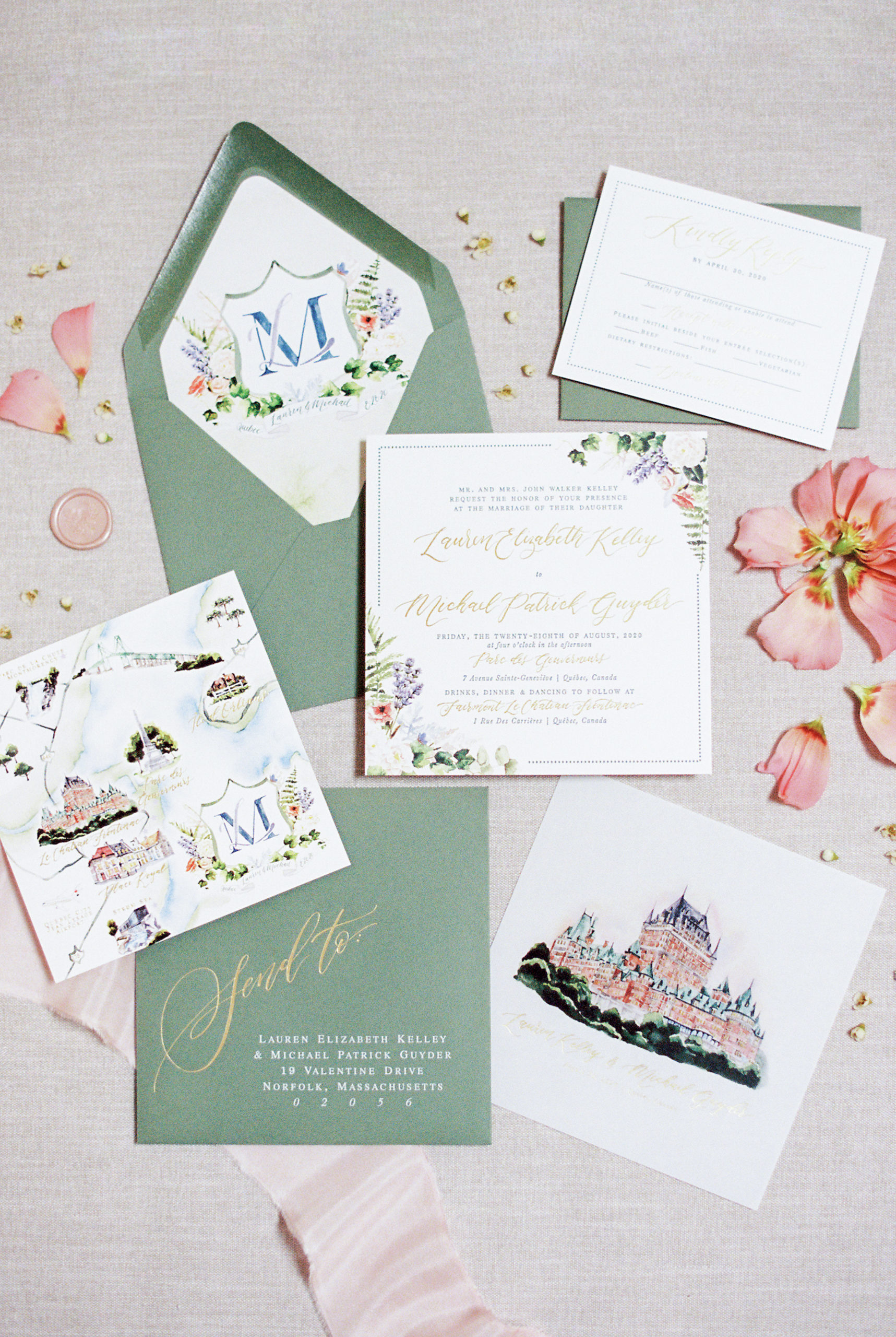 custom wedding invitations with gold foil letterpress and watercolor of church