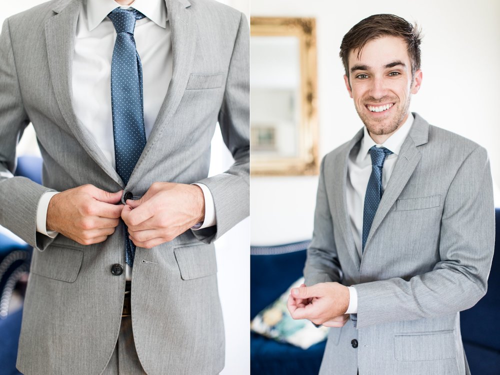 dusty blue tie with grey suit