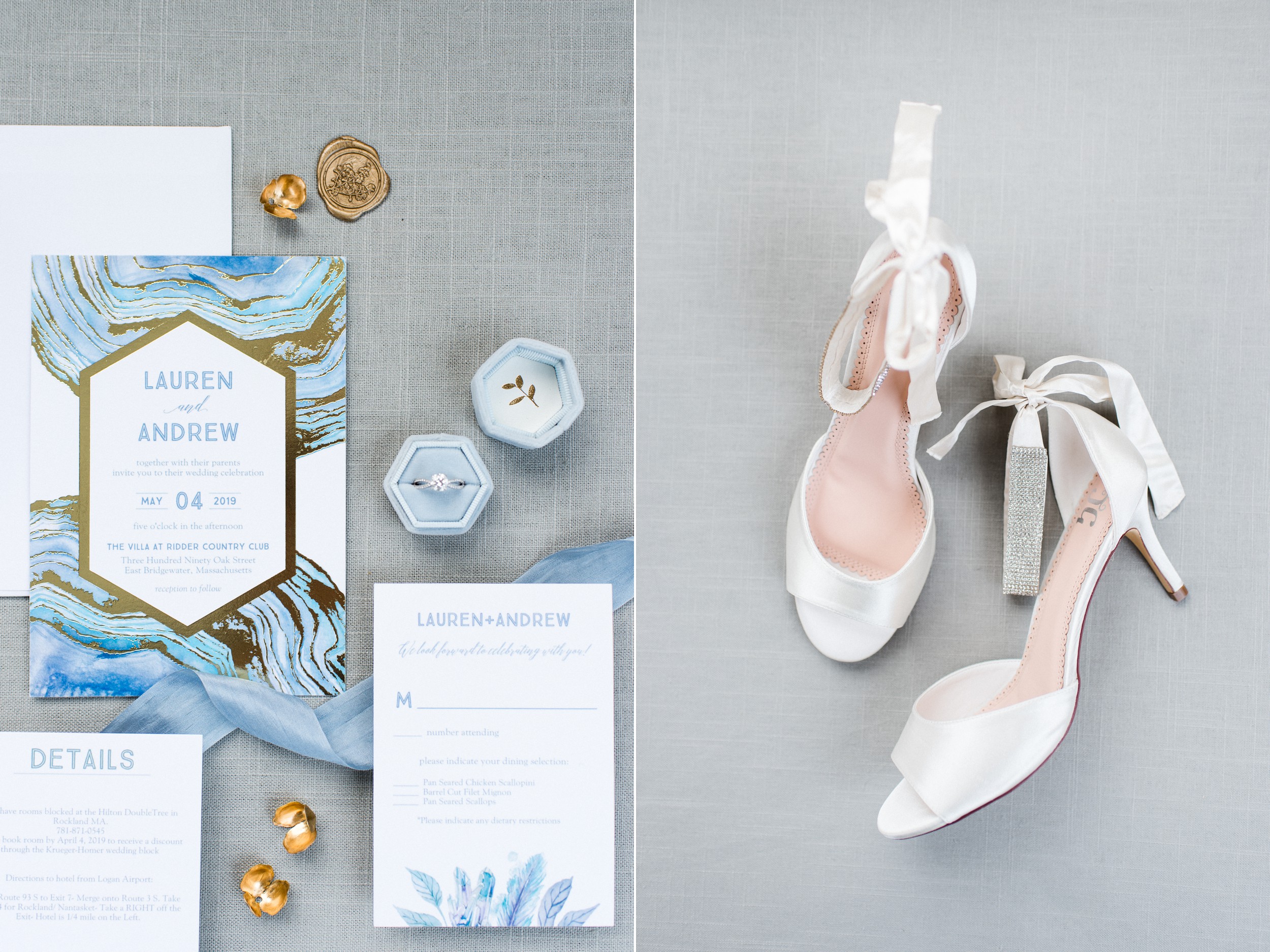 The Villa at Ridder Country Club Spring Wedding | styled bridal flat lay of wedding shoes and invitation suite with velvet ring box