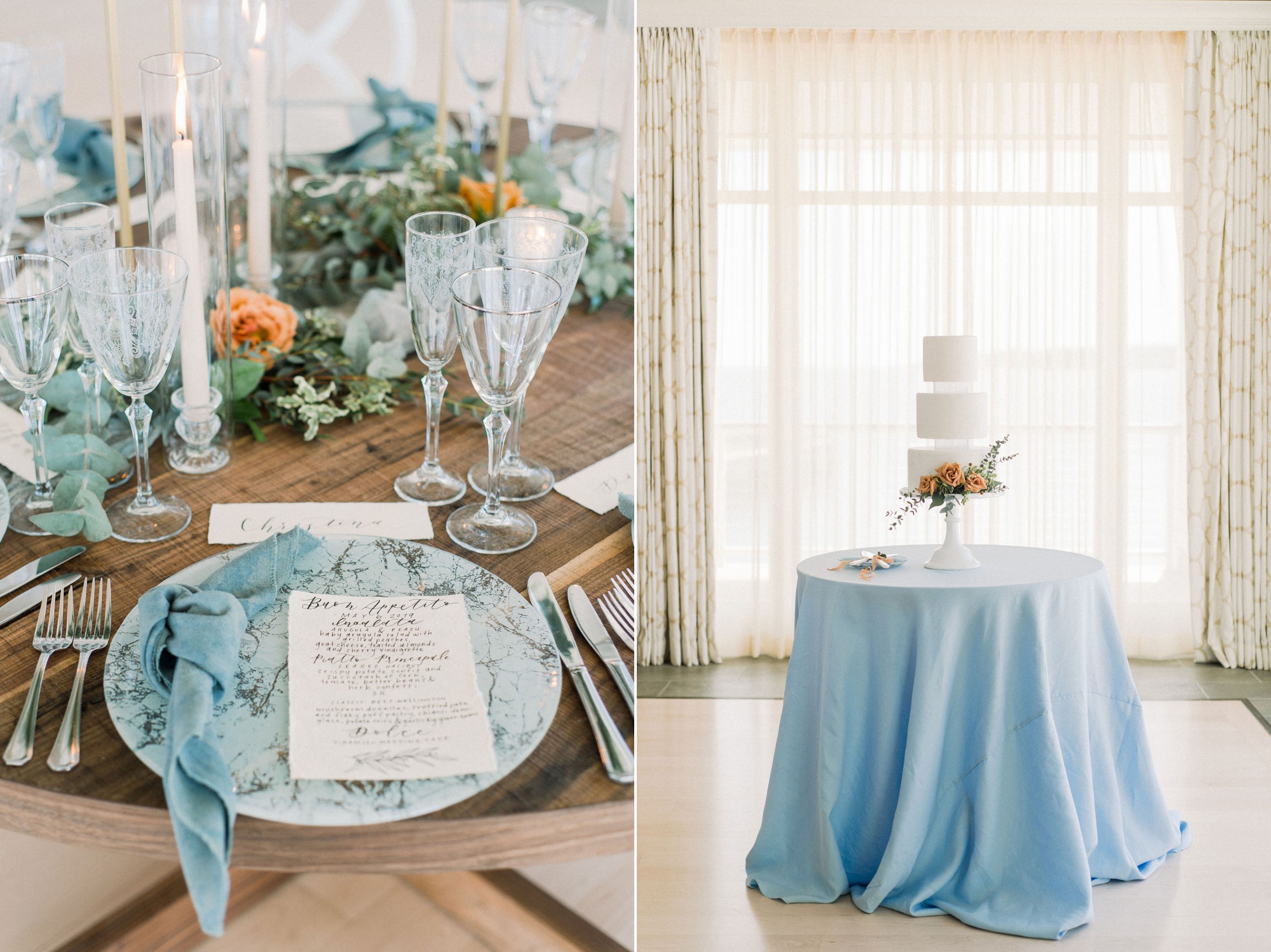 Gloucester MA Beauport Hotel Wedding | Tuscan meets modern | Party Rental LTD glass marble charger, glassware, and cloth napkins | hand lettered calligraphy wedding menus | modern tiered wedding cake by Silver Whisk Bakery | Reception inspiration