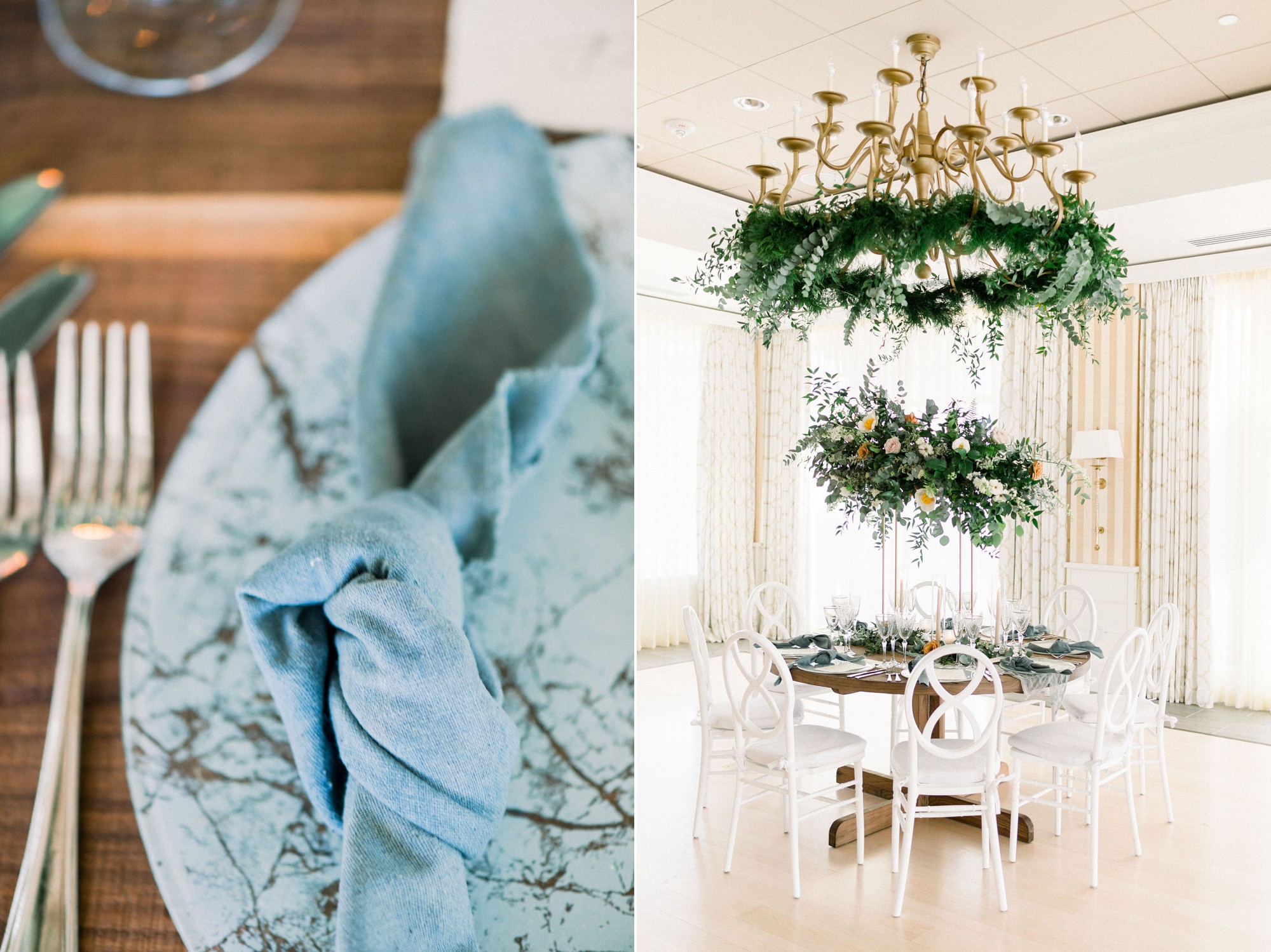 Gloucester MA Beauport Hotel Wedding | Tuscan meets modern | Party Rental LTD white chairs, round farm table, glass marble charger, glassware, and cloth napkins | hand lettered calligraphy wedding menus | modern hanging reception flowers by Lilac & Lily | Reception inspiration