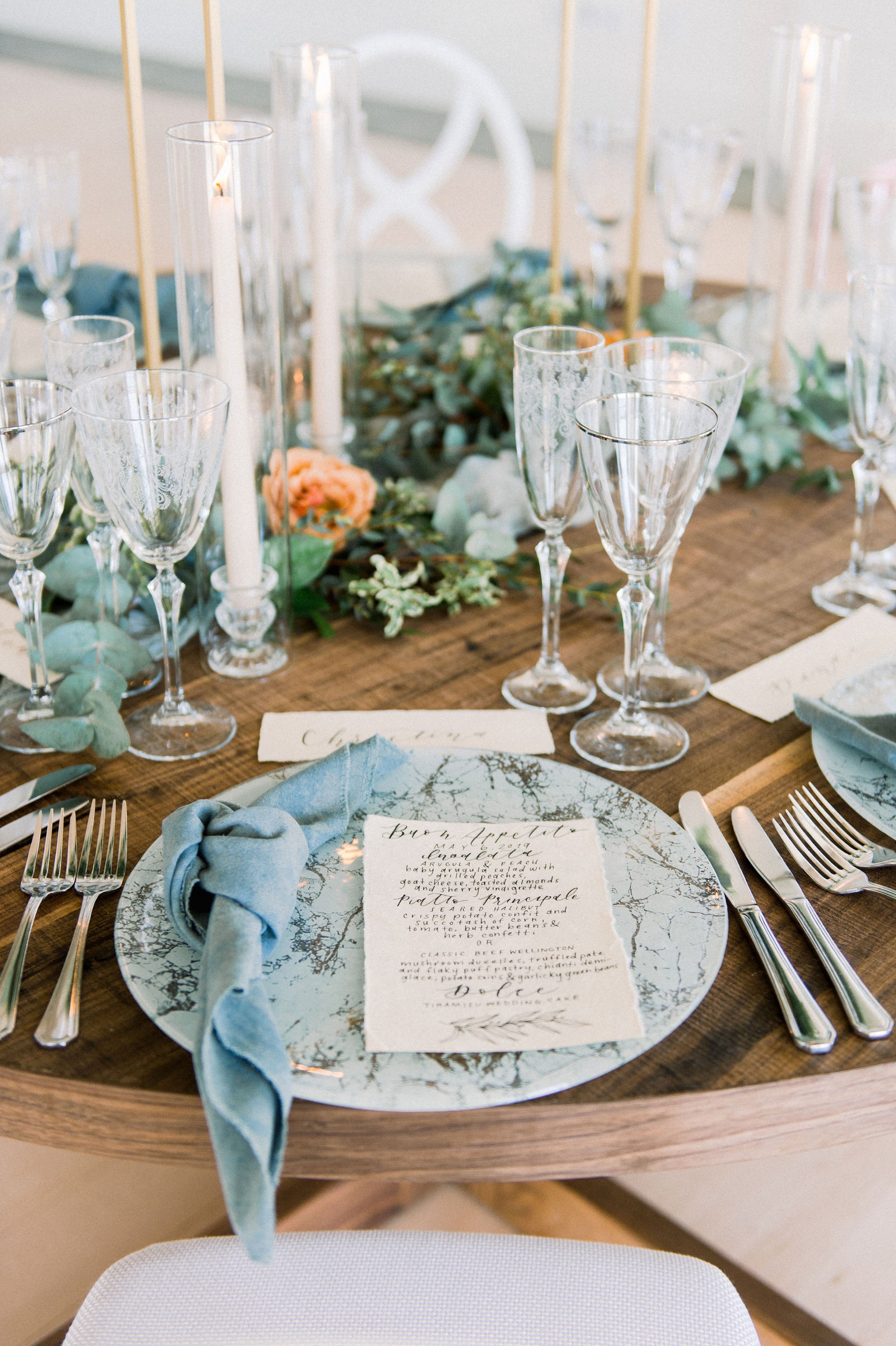 Gloucester MA Beauport Hotel Wedding | Tuscan meets modern | Party Rental LTD glass marble charger, glassware, and cloth napkins | hand lettered calligraphy wedding menus