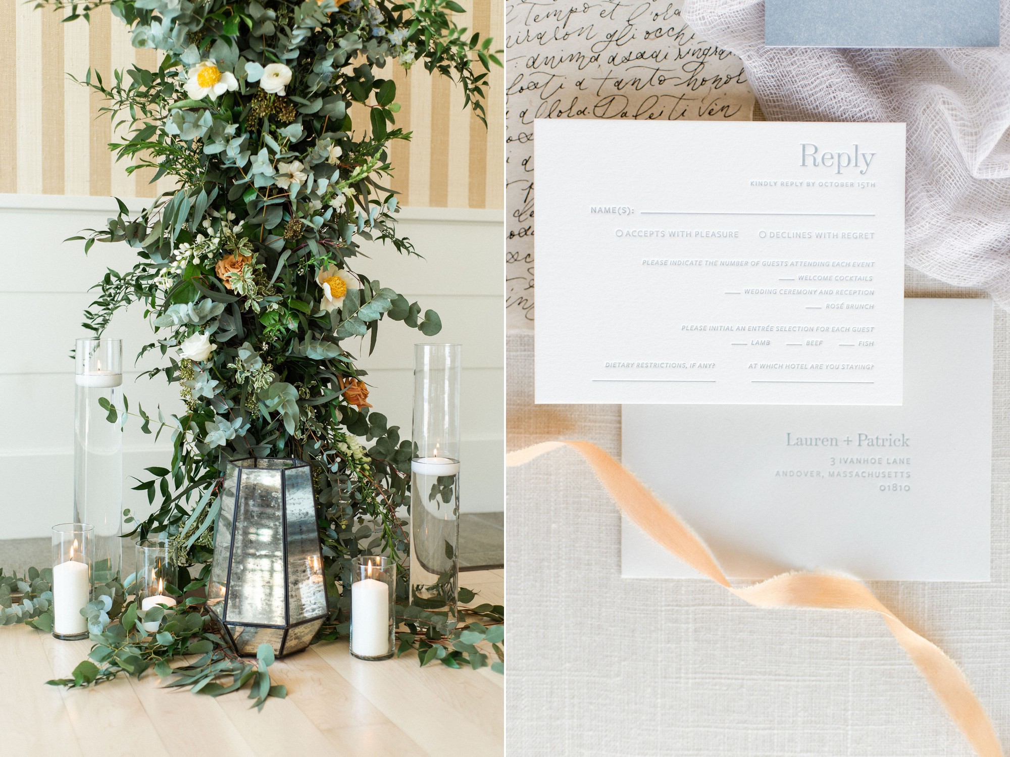 Tuscan meets modern | fete collection modern invitation in gray and white with calligraphy ceremony flower pillar with candles