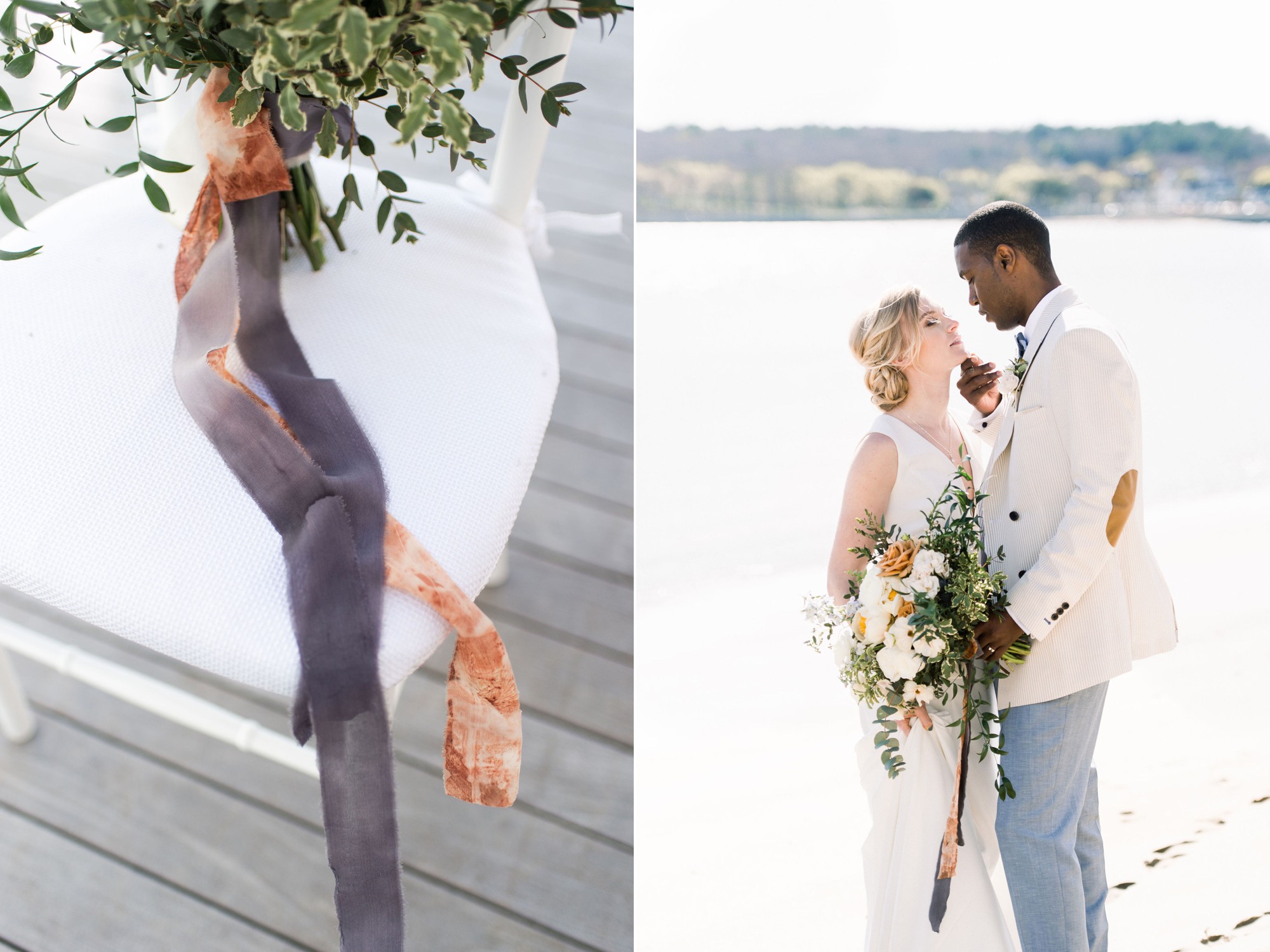 Gloucester MA Beauport Hotel Wedding | Tuscan meets modern | silk ribbon on bridal bouquet by Evans Gray and bride and groom on beach for wedding portraits