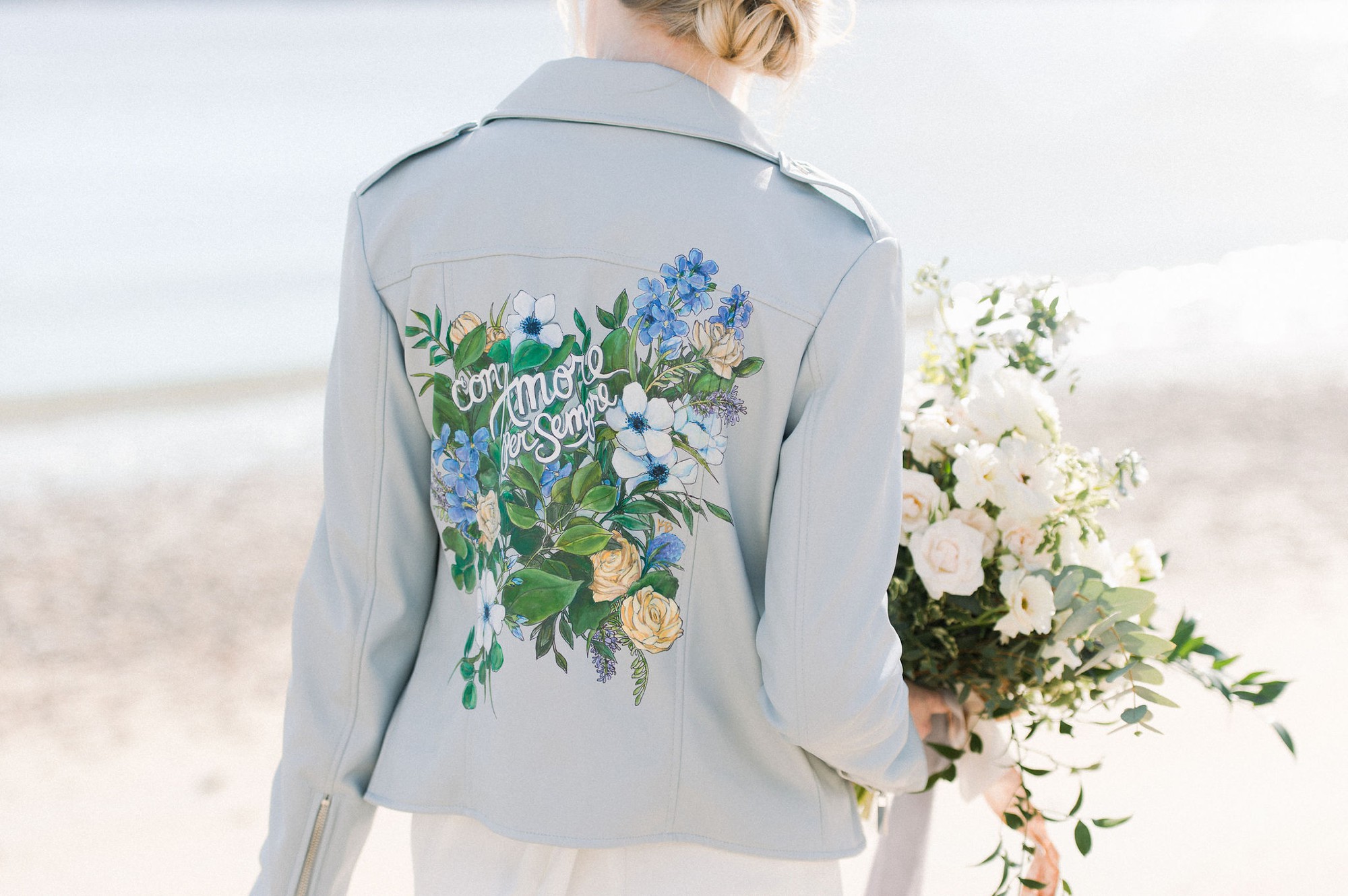 Gloucester MA Beauport Hotel Wedding | Tuscan meets modern | bride in pale gray hand painted jacket