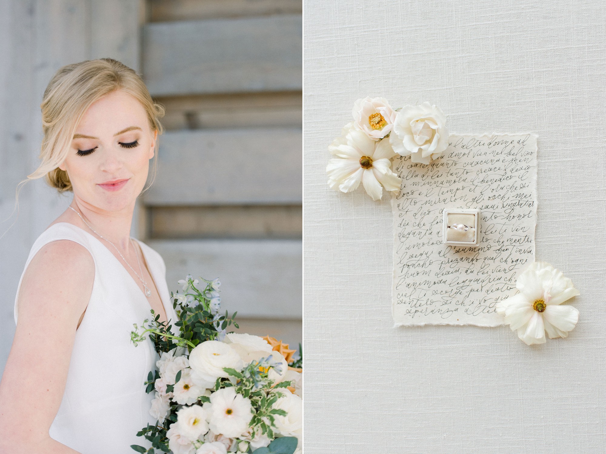 Gloucester MA Beauport Hotel Wedding | Tuscan meets modern | Italian love poem calligraphy and flowers styled wedding flat lay and modern bridal makeup and dress