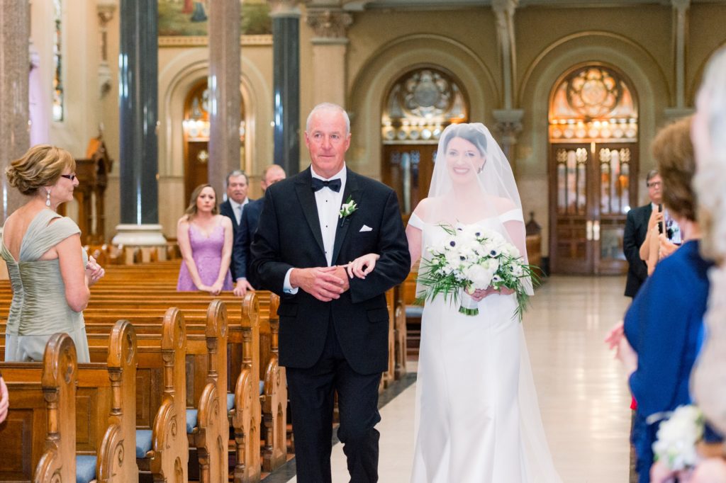 Boston wedding ceremony at Boston's Basilica bride and dad walk down the aisle