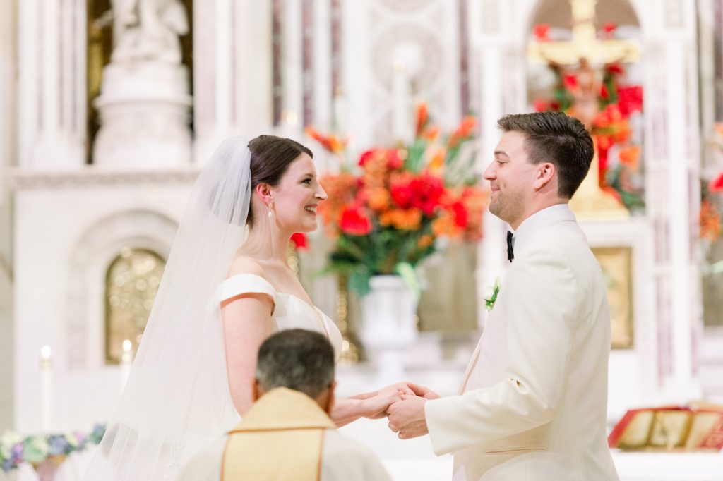 Boston wedding ceremony at Boston's Basilica bride and groom exchange vows