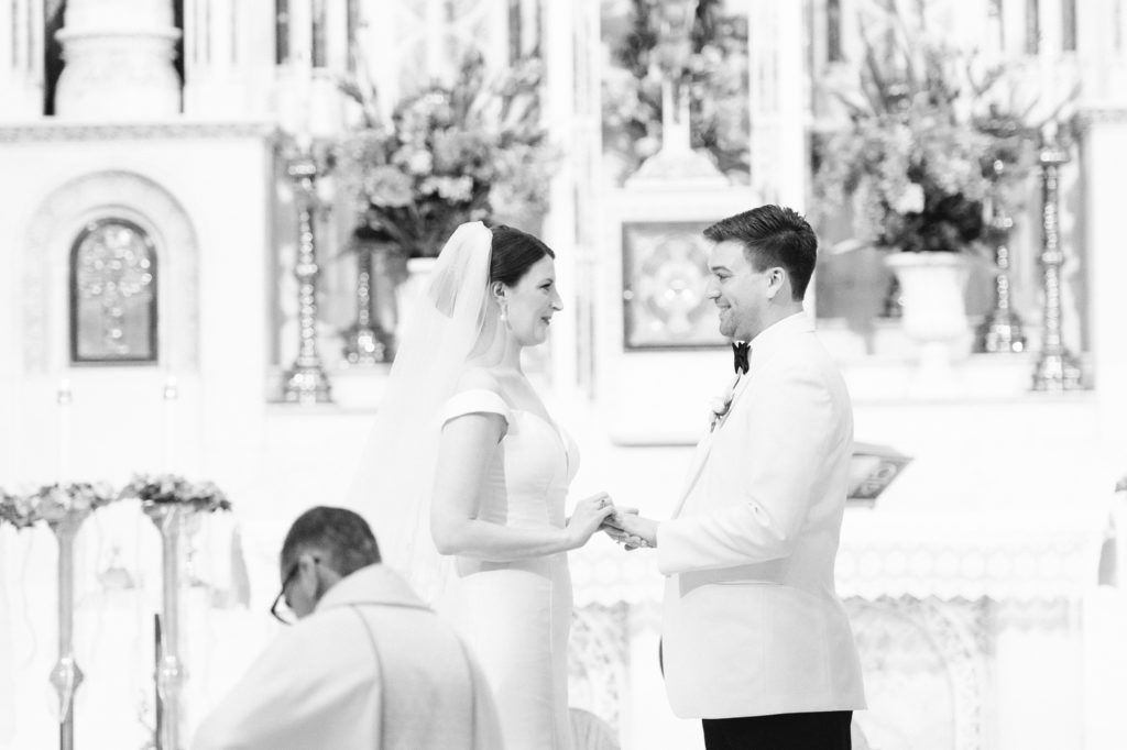 Boston wedding ceremony at Boston's Basilica black and white of bride and groom