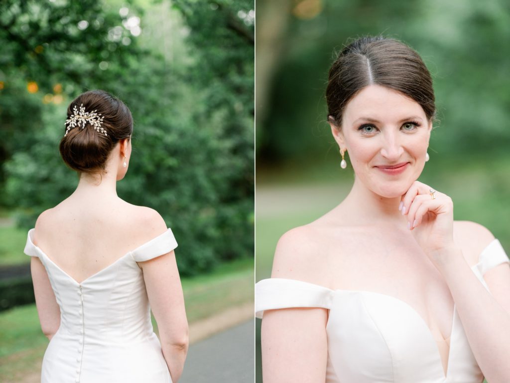 bridal portrait | elegant bridal hair done in chignon with sprakly hair comb | soft natural bridal makeup