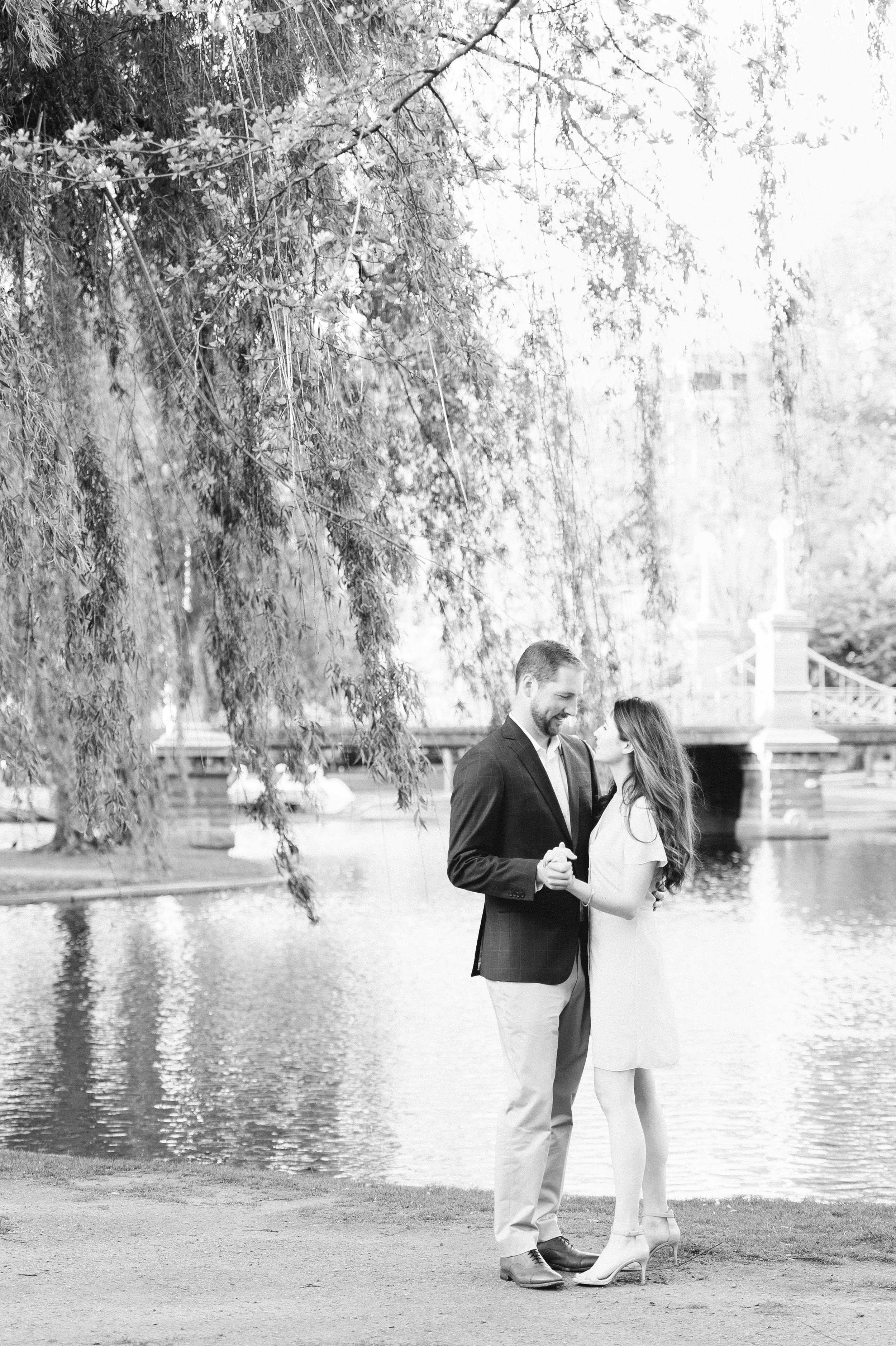 Engagement session at sunrise in Boston at the Public Garden in Black and White Classic Engagement photos