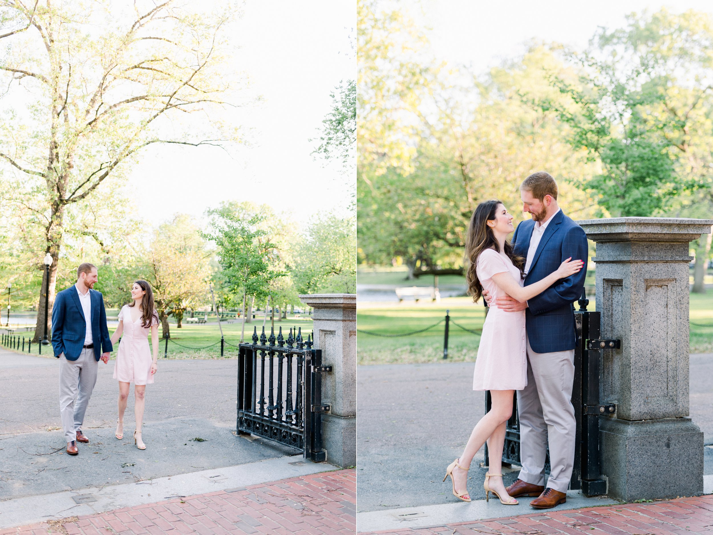 Boston Public Garden Sunrise Engagement Session | Pale pink dress | blue blazer | Springtime engagement in Boston