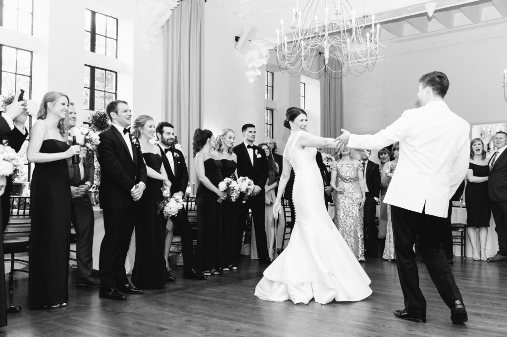 bride and grooms first dance at alden castle wedding black and white