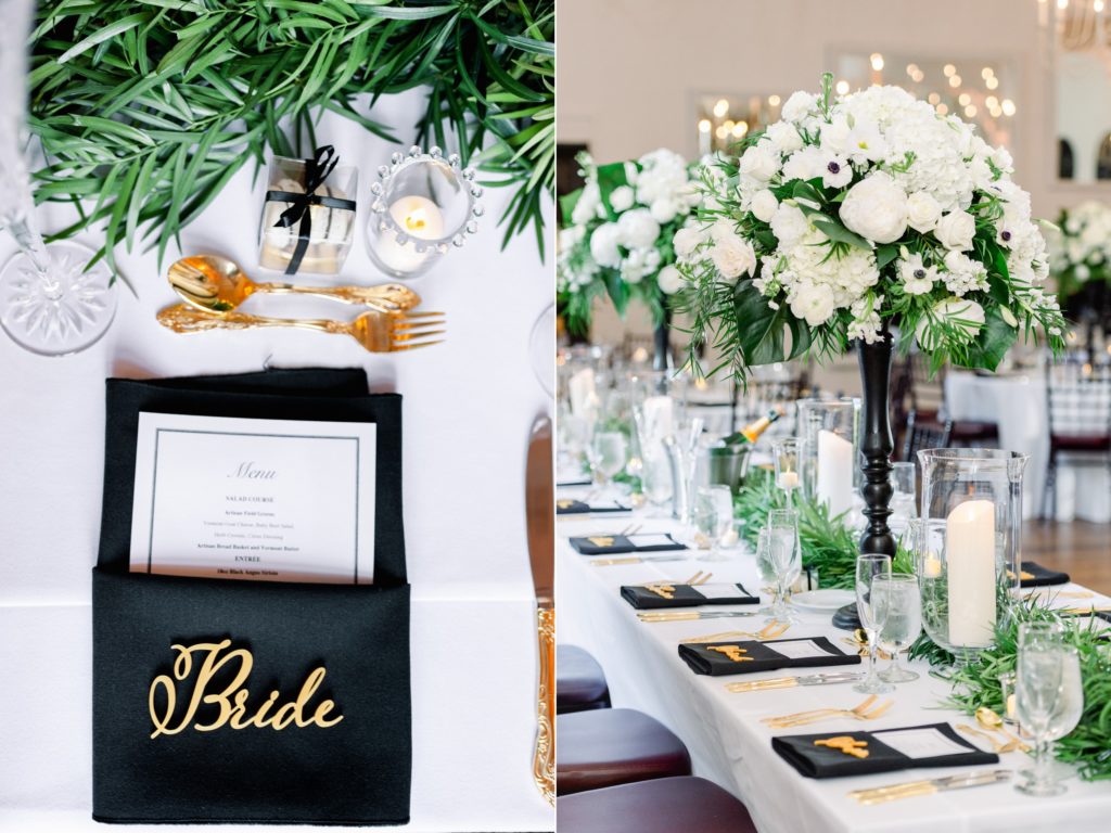 Elegant Alden Castle Wedding Reception in Boston | Tall floral arrangements of white flowers and greenery | candles and gold acrylic name cutouts at each seat