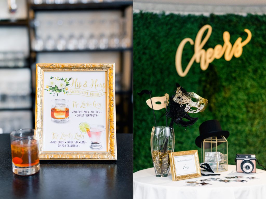 gold framed watercolor signature drinks and props for selfie wall at elegant alden castle wedding