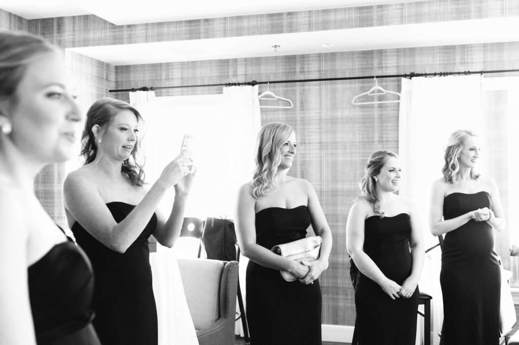 bridesmaids reactions seeing bride in her dress | black and white