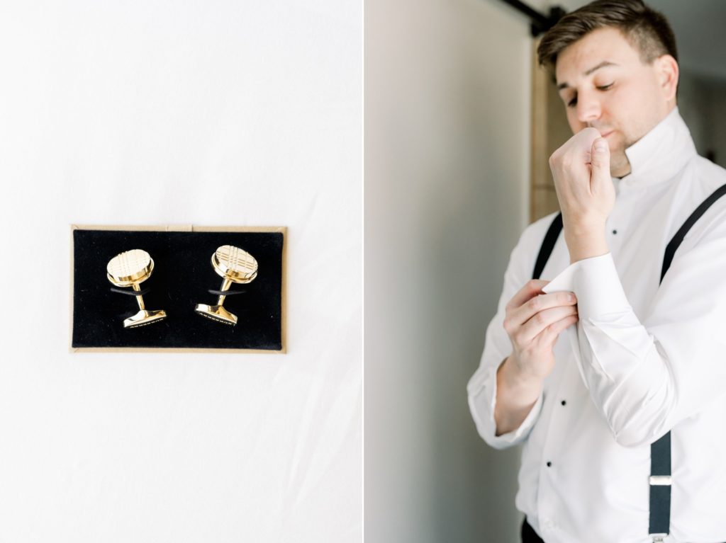 groom getting ready and gold cuff links gifts from bride