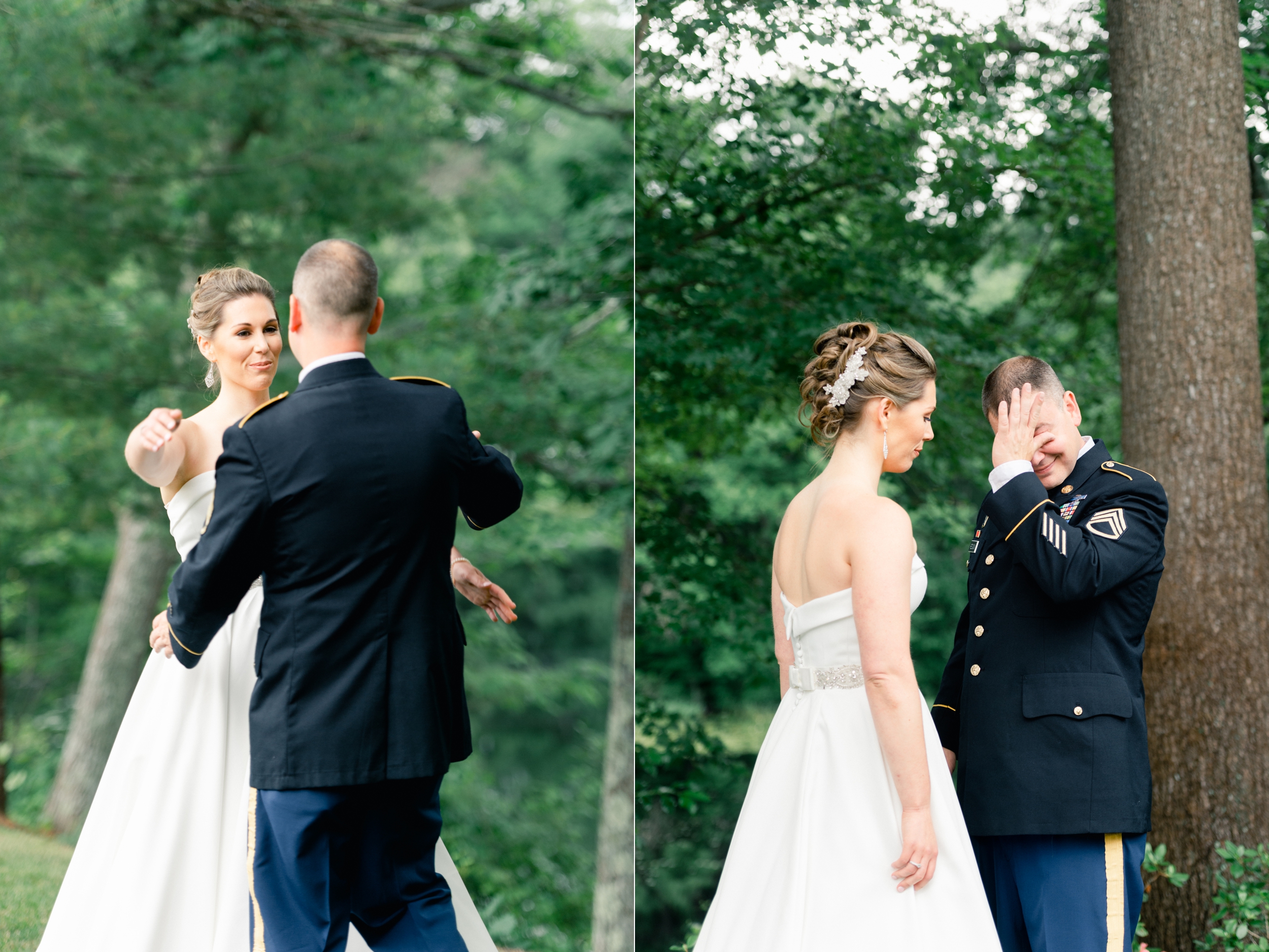 Lakeview Pavilion Military Wedding First Look Bride and emotional Groom Summer Navy and Blush Wedding