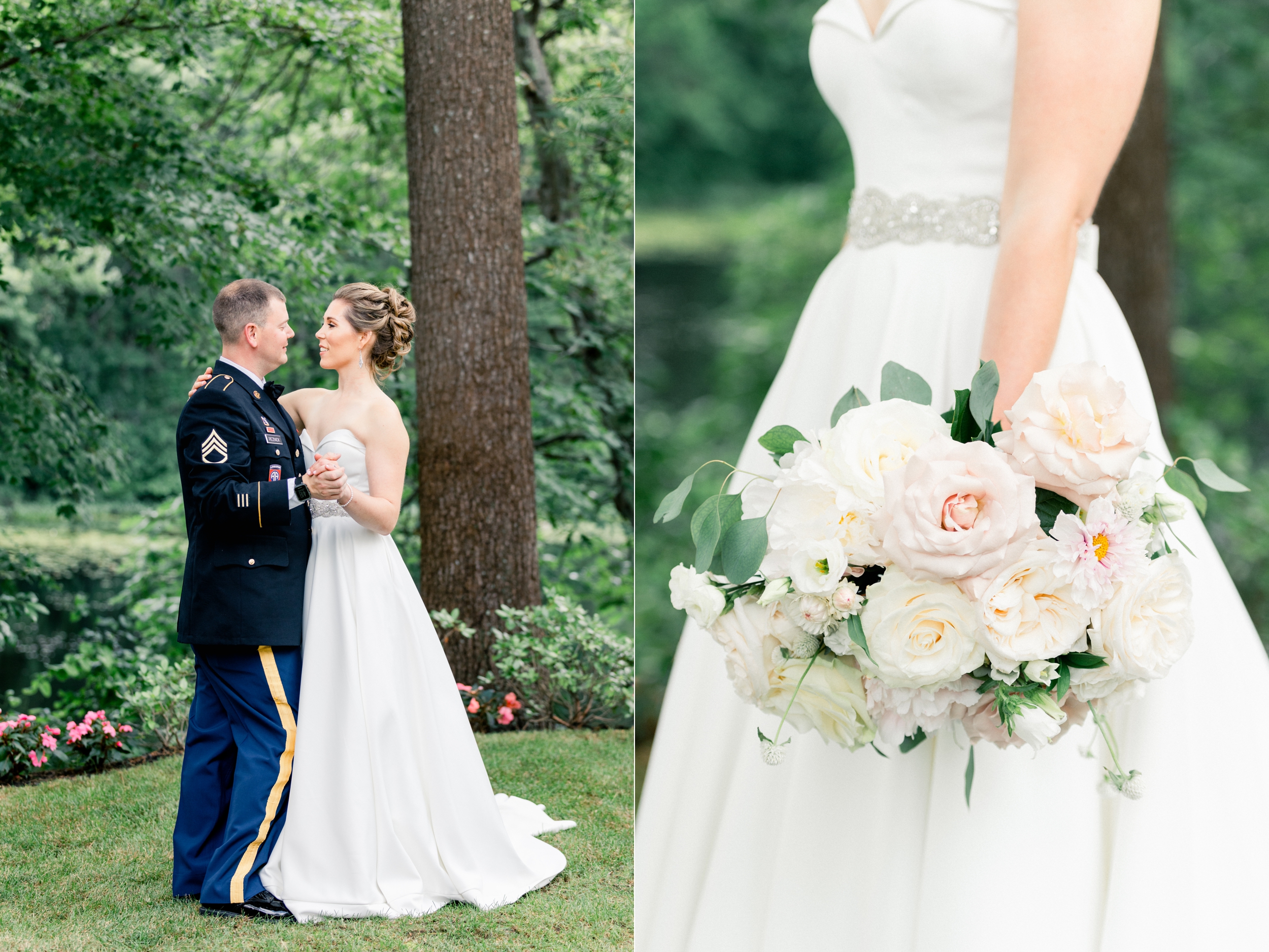 bride and groom portraits at Lakeview Pavilion Wedding stunning bridal bouquet of blush and white