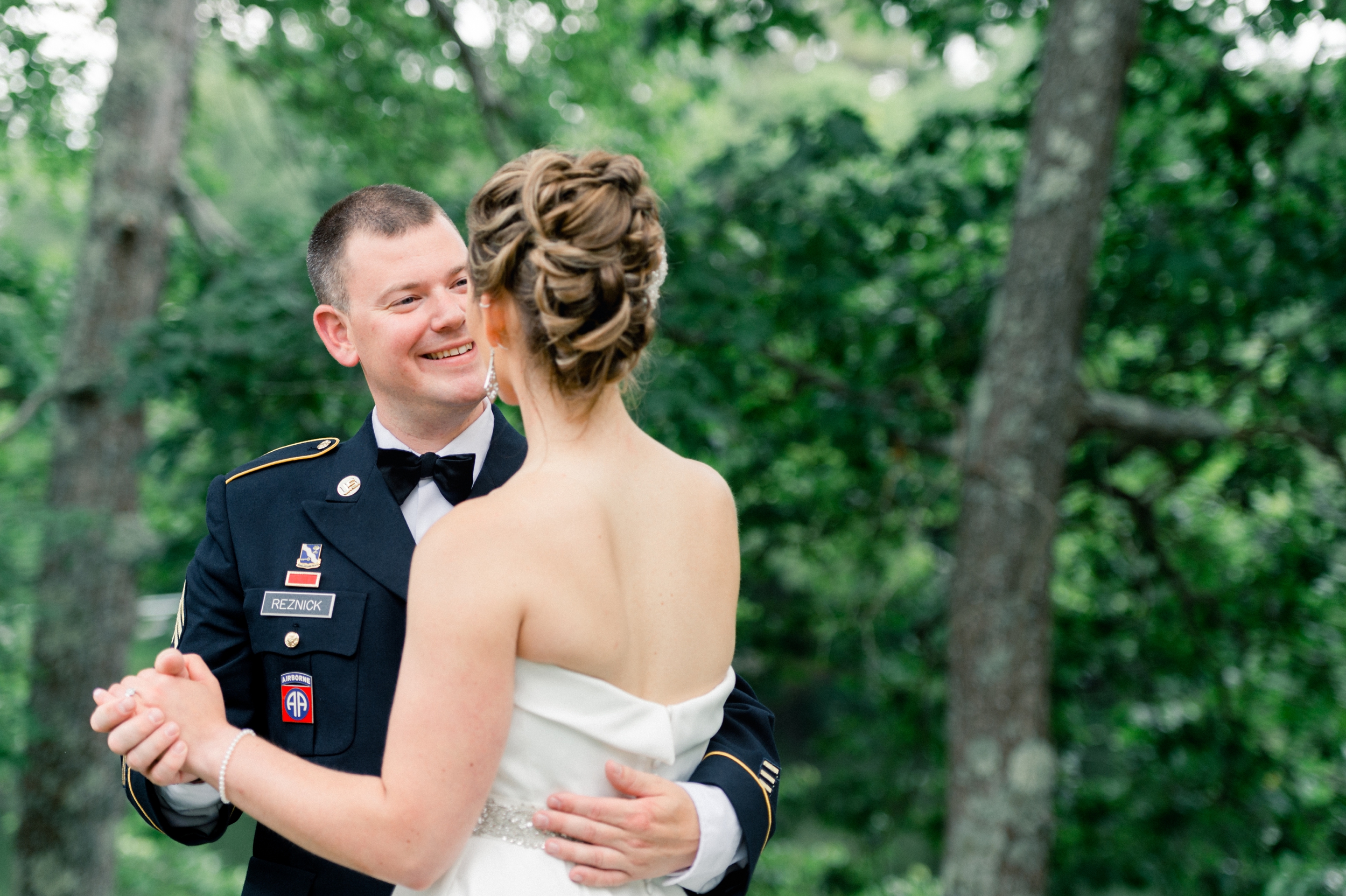 Lakeview Pavilion Military Wedding First Look Bride and Groom Summer Navy and Blush Wedding
