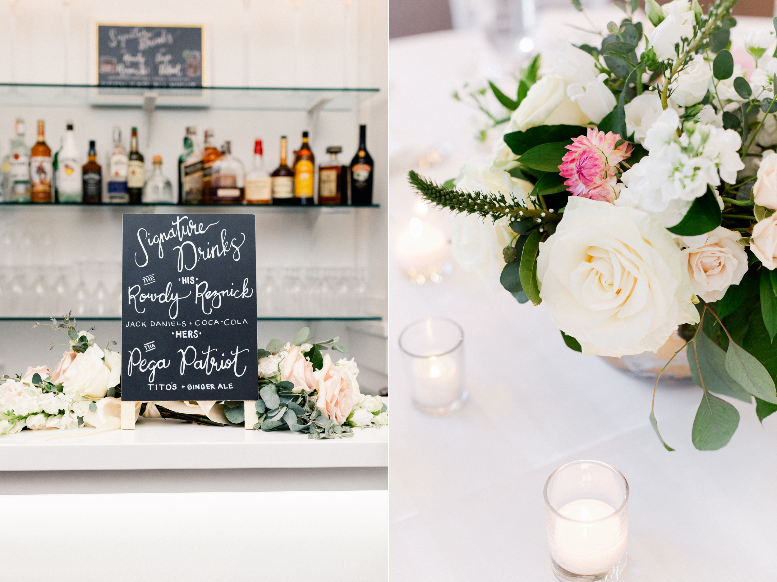signature drinks and floral arrangements at wedding reception