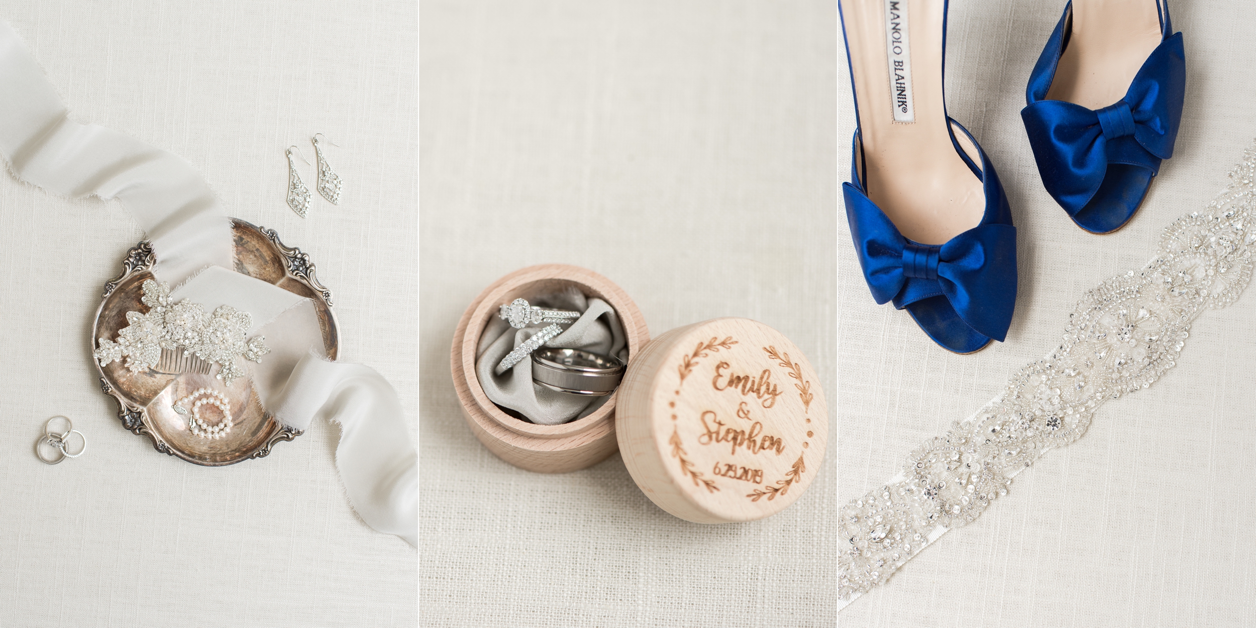 styled bridal details wooden ring box blue manolo blahnik shoes with bows and beaded comb