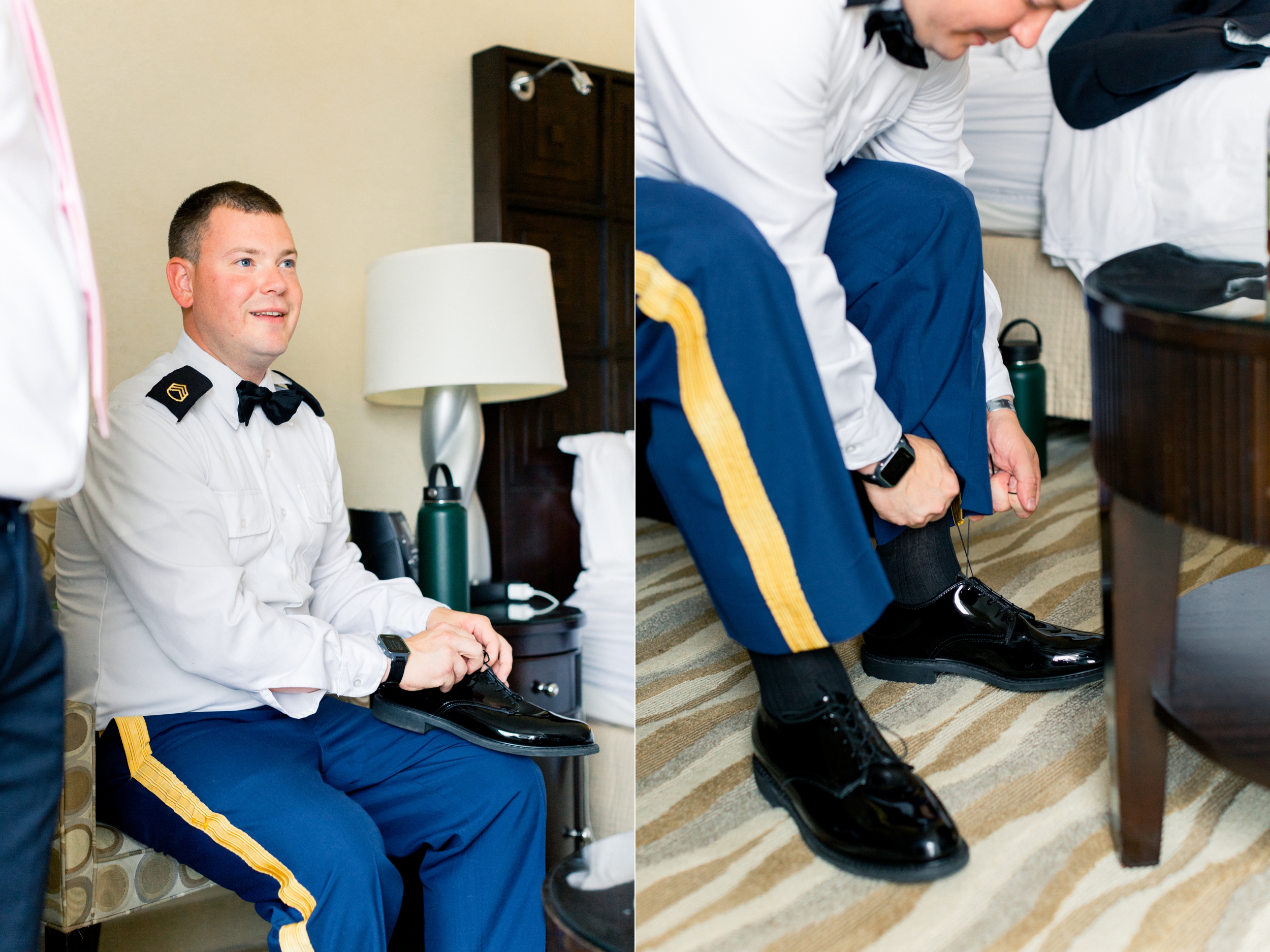 military groom getting into uniform on wedding day