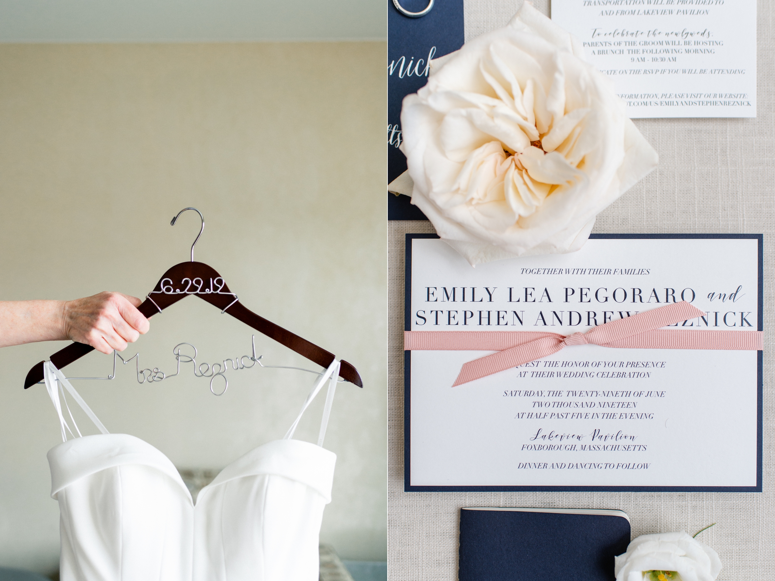 Lakeview Pavilion Wedding navy and blush invitation and wooden bride hangar