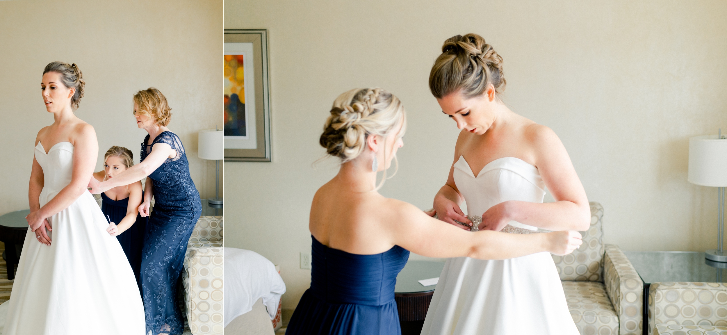 bride getting ready for her lakeview pavilion wedding in classic justin alexander gown and beaded belt