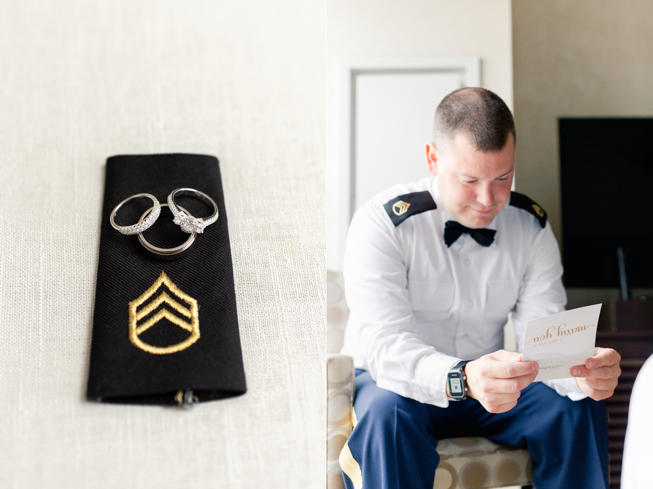 military groom getting into uniform on wedding day