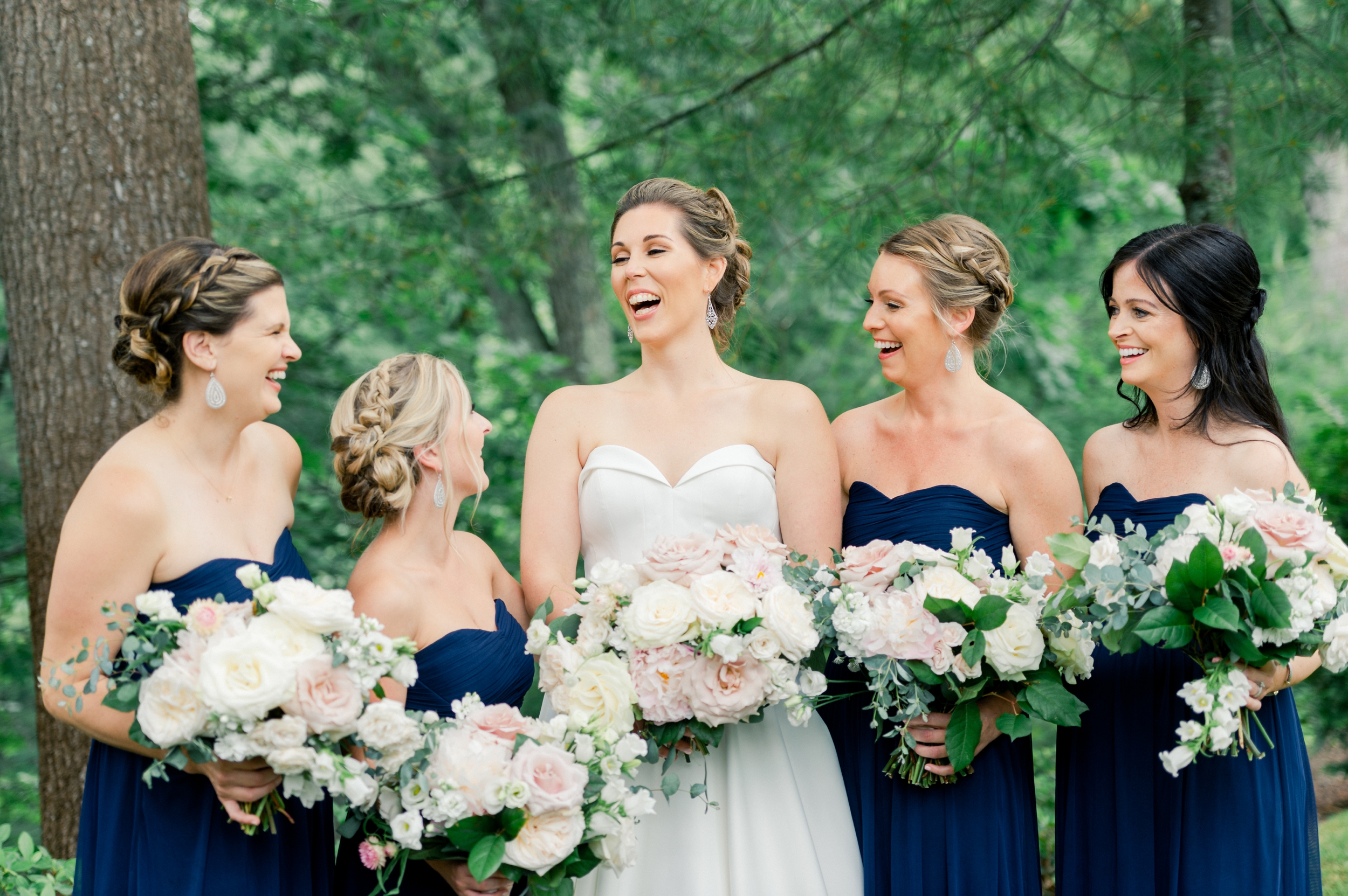 navy and blush bridal party portraits at Lakeview Pavilion wedding