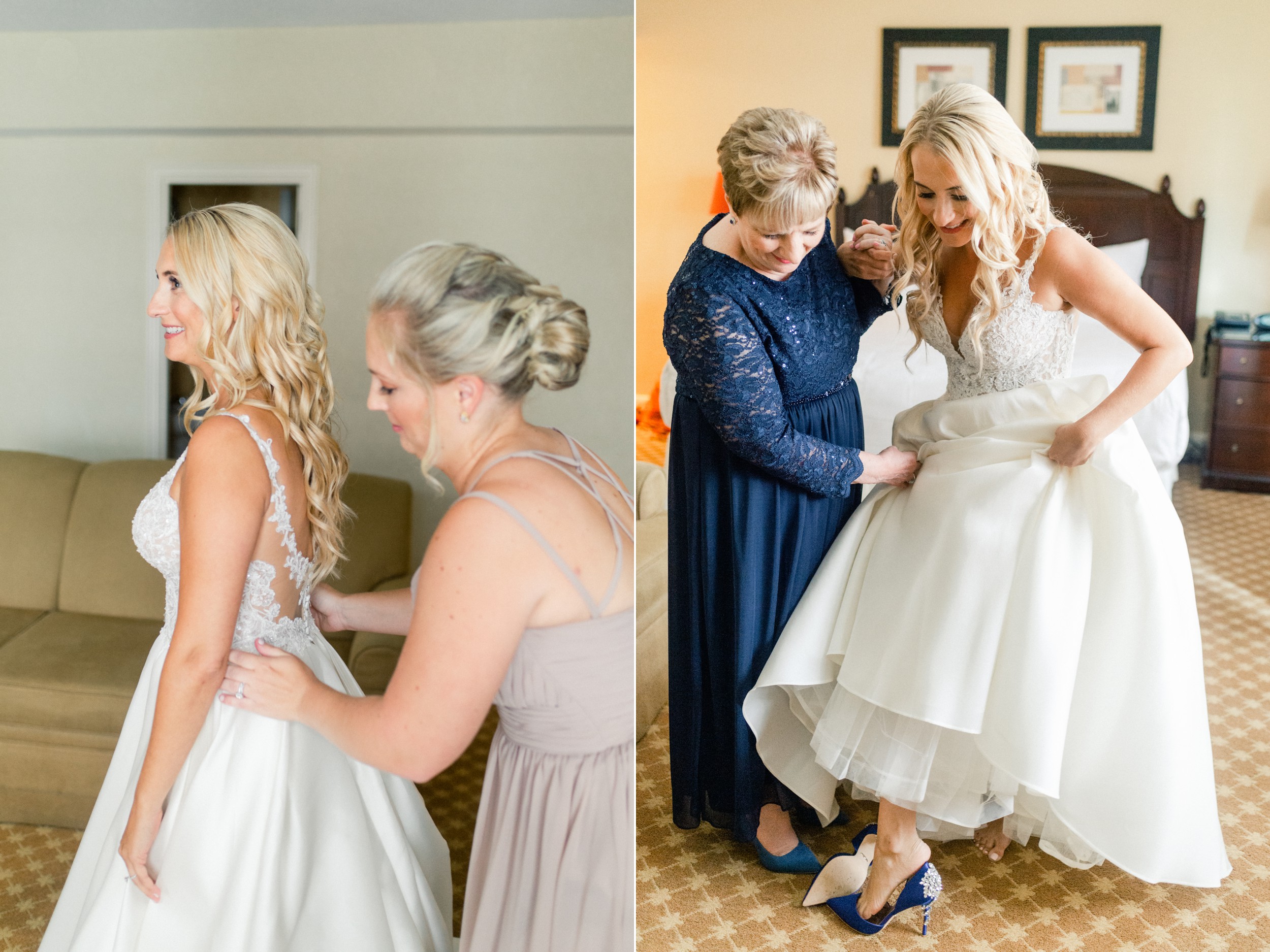 Omni Parker House Wedding Getting Ready Boston Wedding bride gets into dress with mom and best friend's help