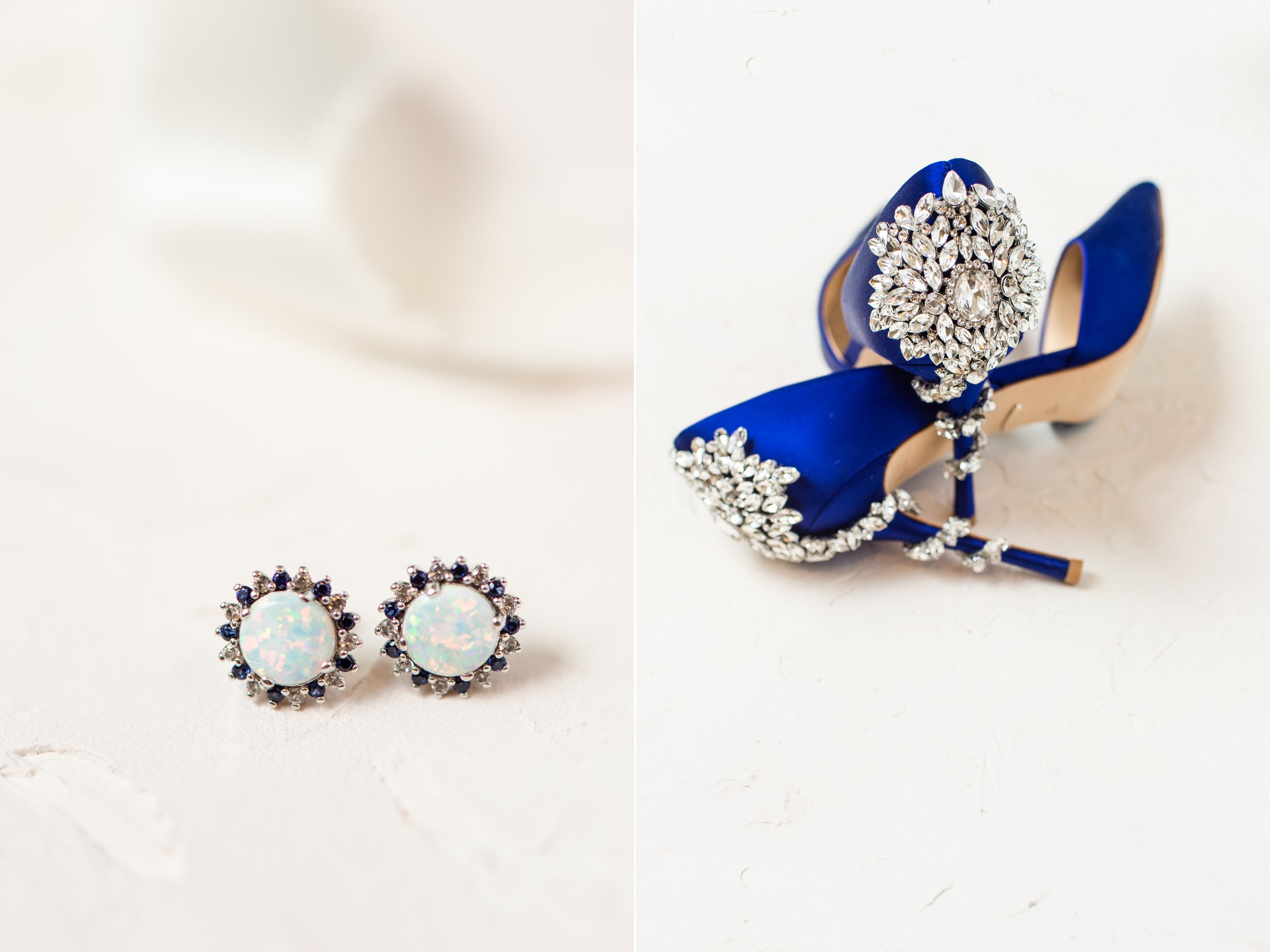 Omni Parker House Wedding Bridal details Opal Earrings and Blue Satin Gemstone Studded Badgley Mischka Bridal Shoes