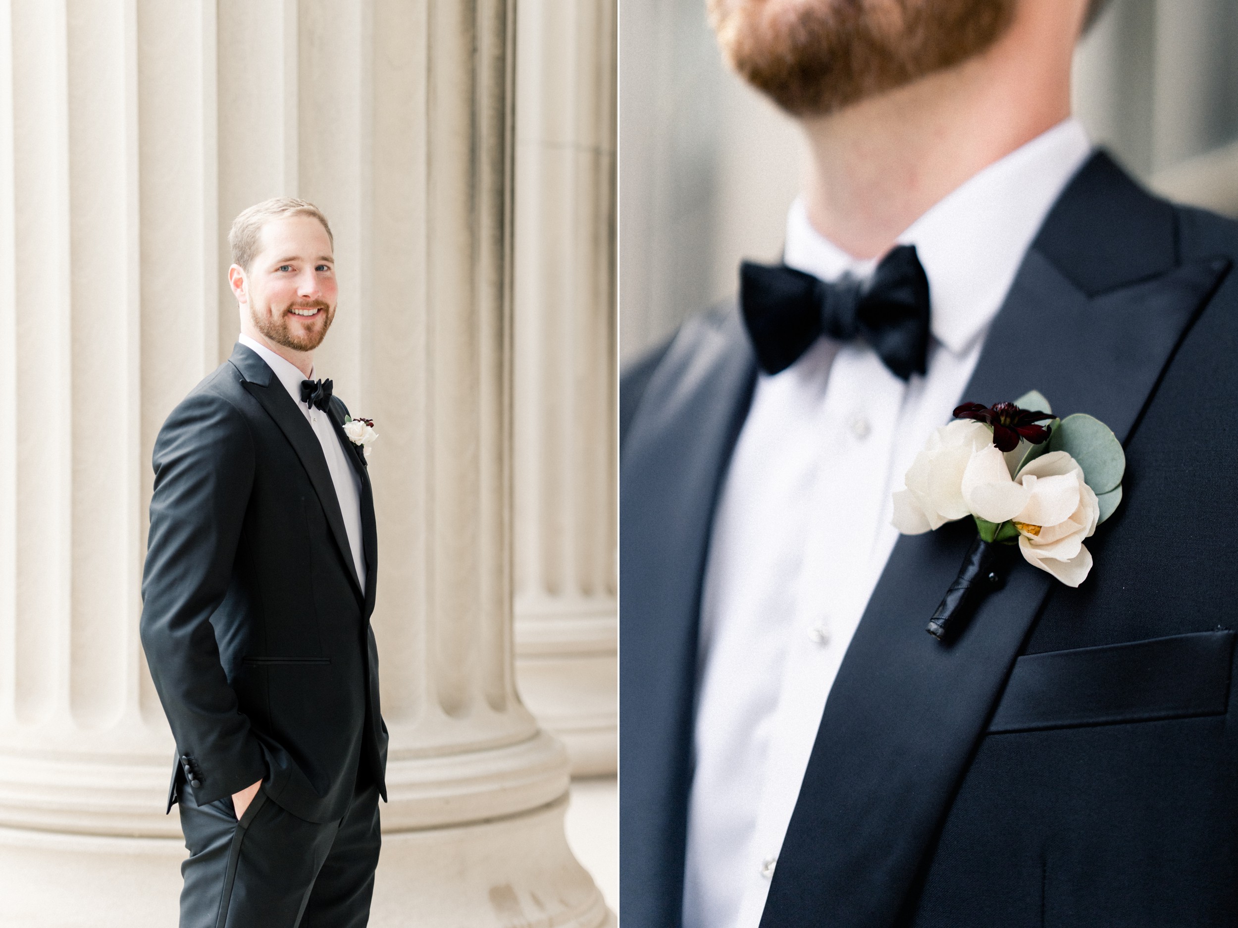 groom in custom tuxedo for black tie wedding and fall boutonniere