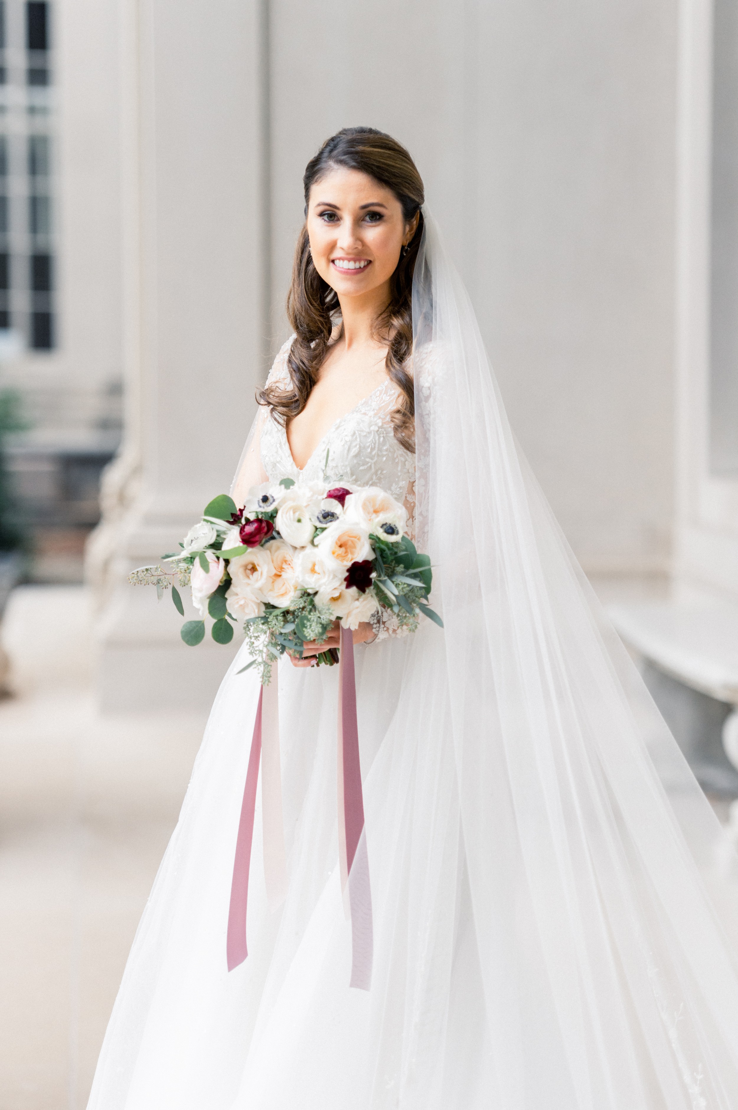 Boston bride in custom enaura bridal gown and veil