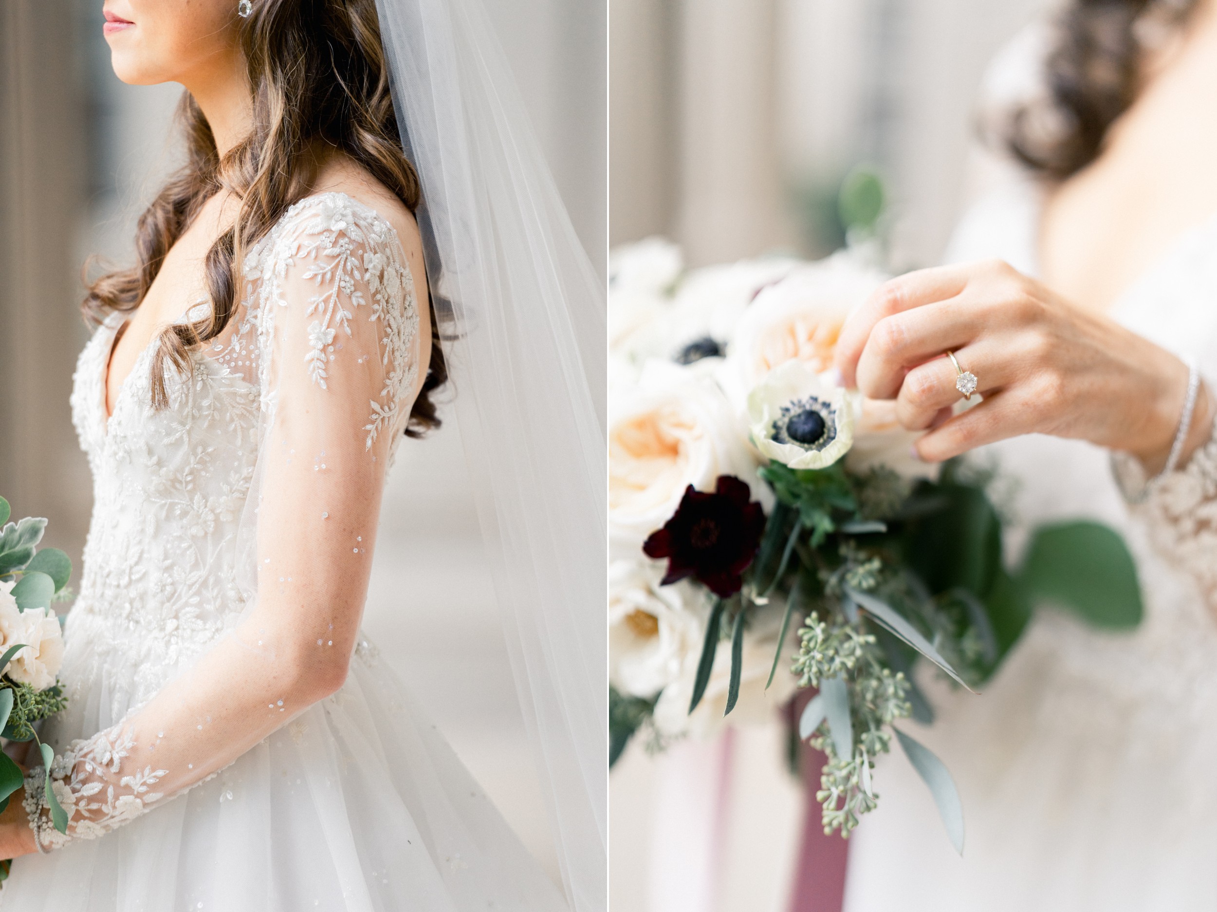 bridal details lace and beaded dress and bouquet