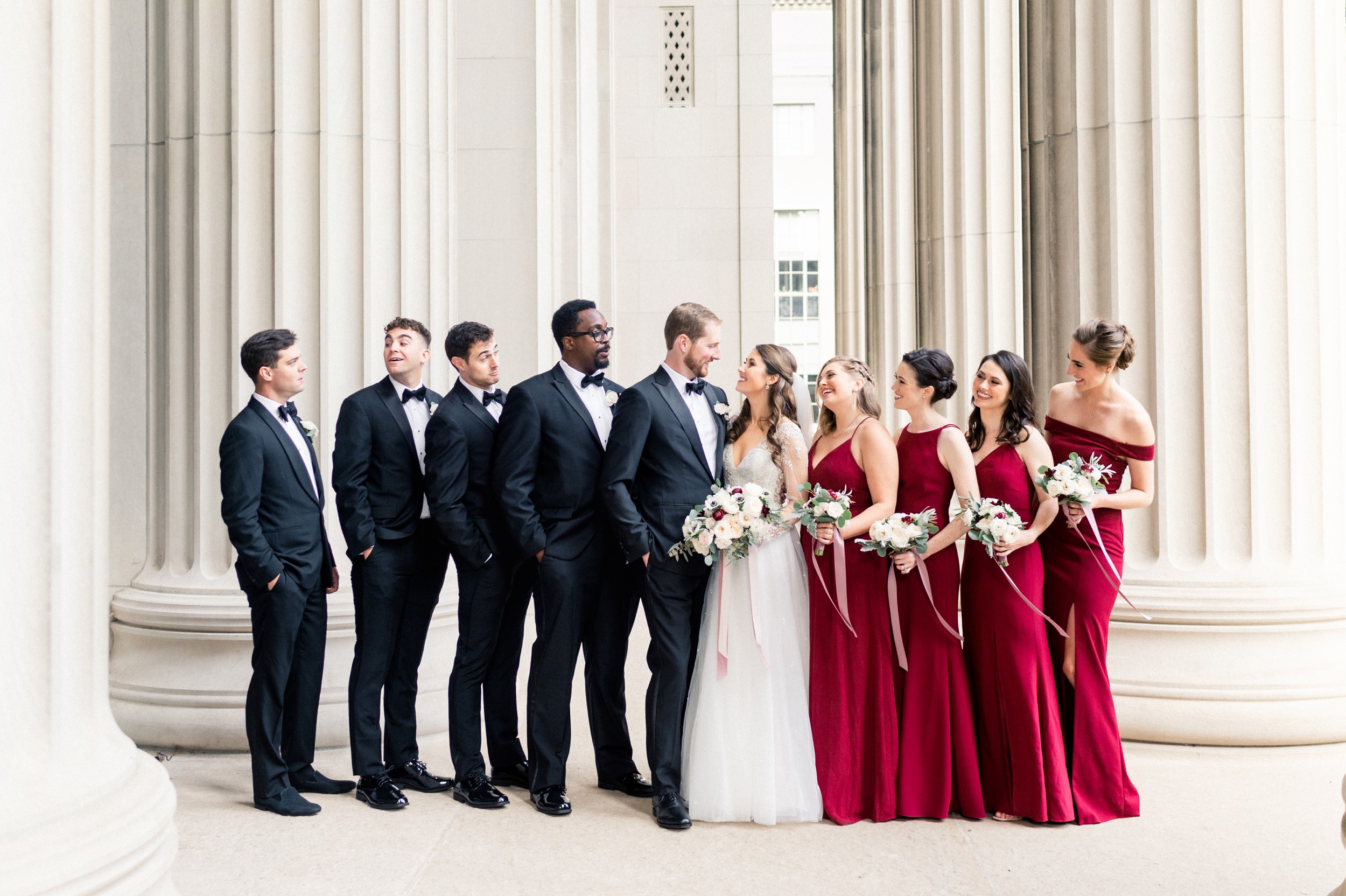 fall wedding at Harvard art museum bridal party in cranberry dresses and tuxedos