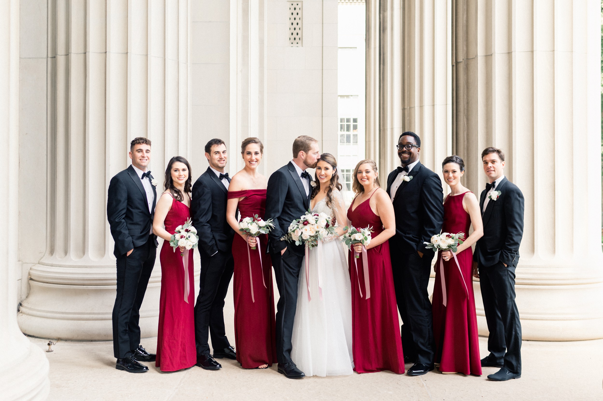 fall wedding at Harvard art museum bridal party in cranberry dresses and tuxedos