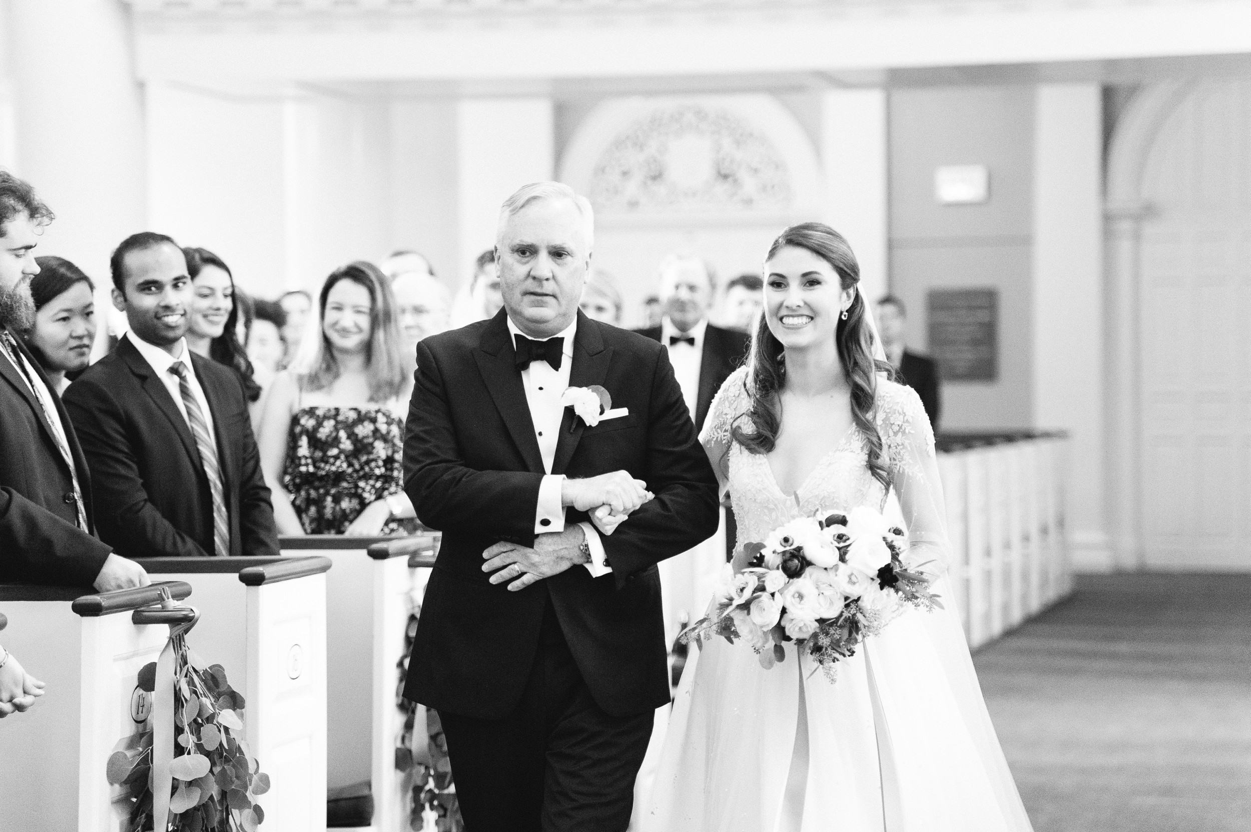bride and dad at Harvard Memorial Church Wedding black and white photo