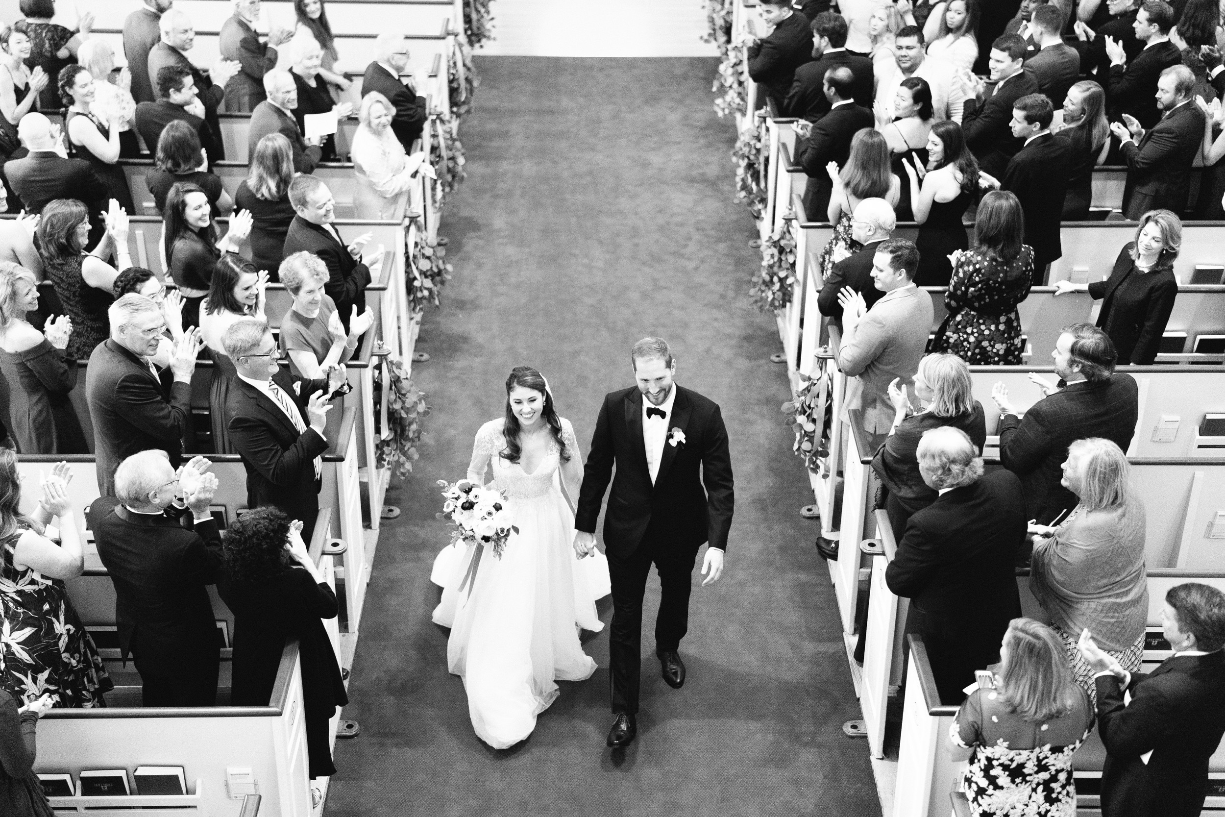 bride and groom newlywed at Harvard Memorial Church Wedding black and white photo