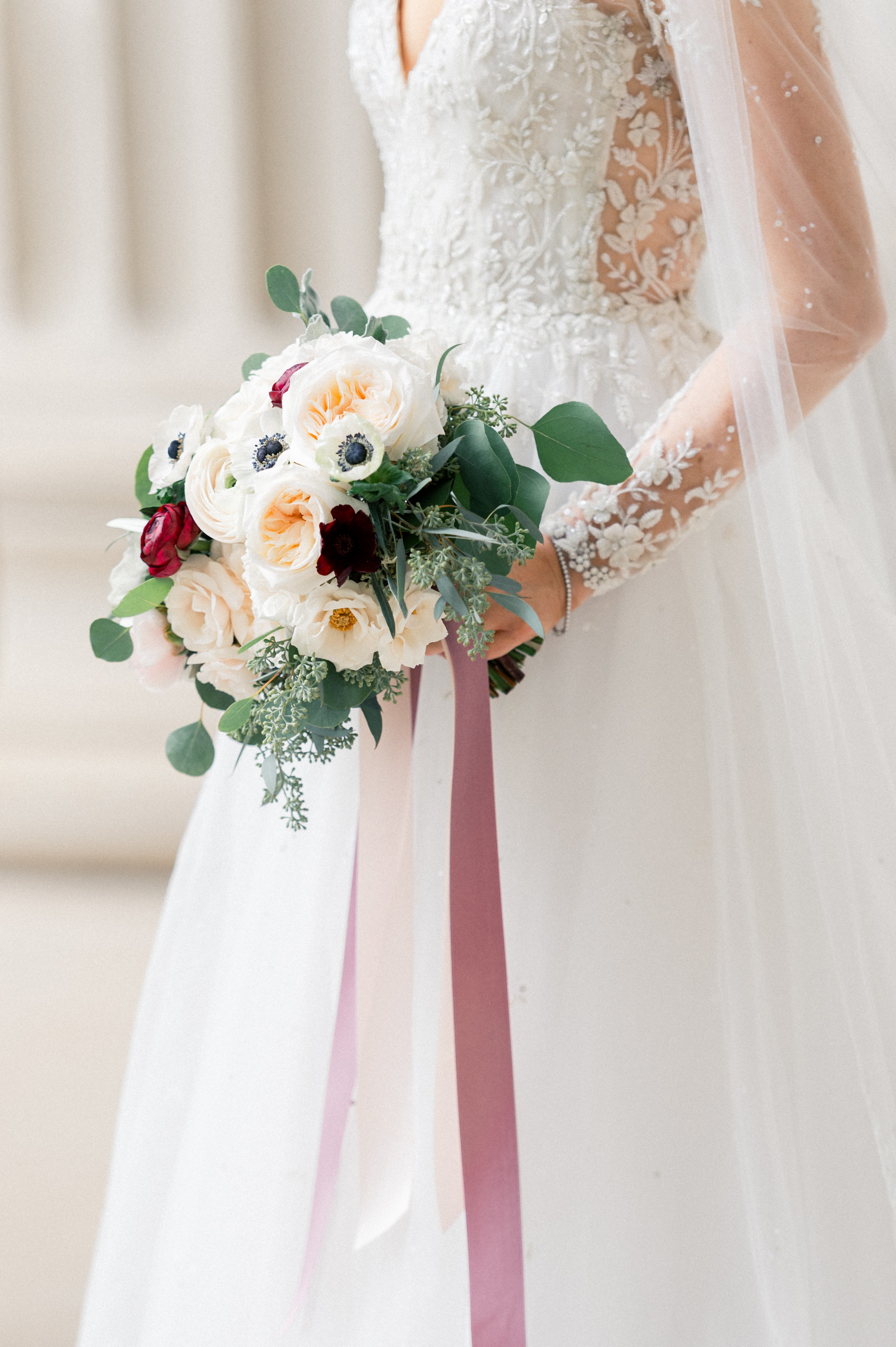 Fall bouquet of blush and cream with pops of cranberry for Harvard Art Museum Wedding in Boston