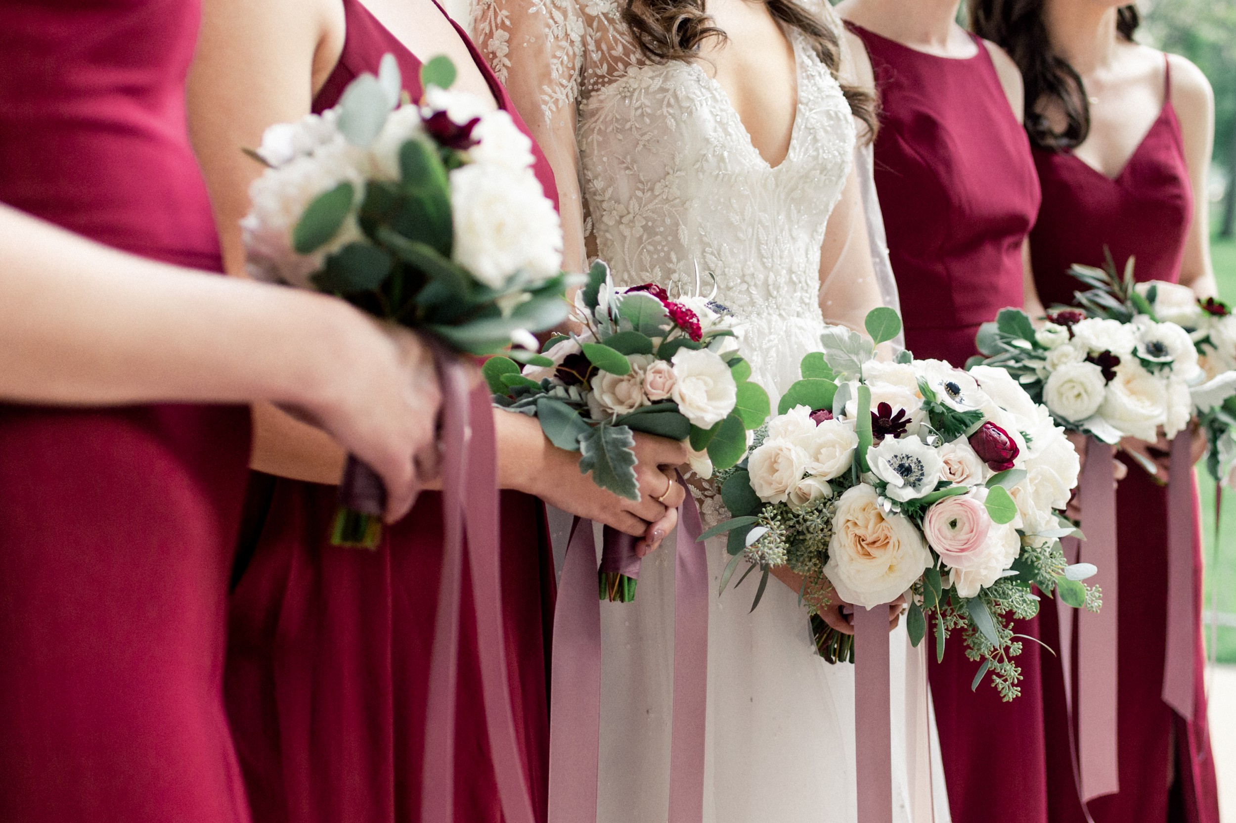 poppy floral bouquets for fall with cranberry bridesmaid dresses