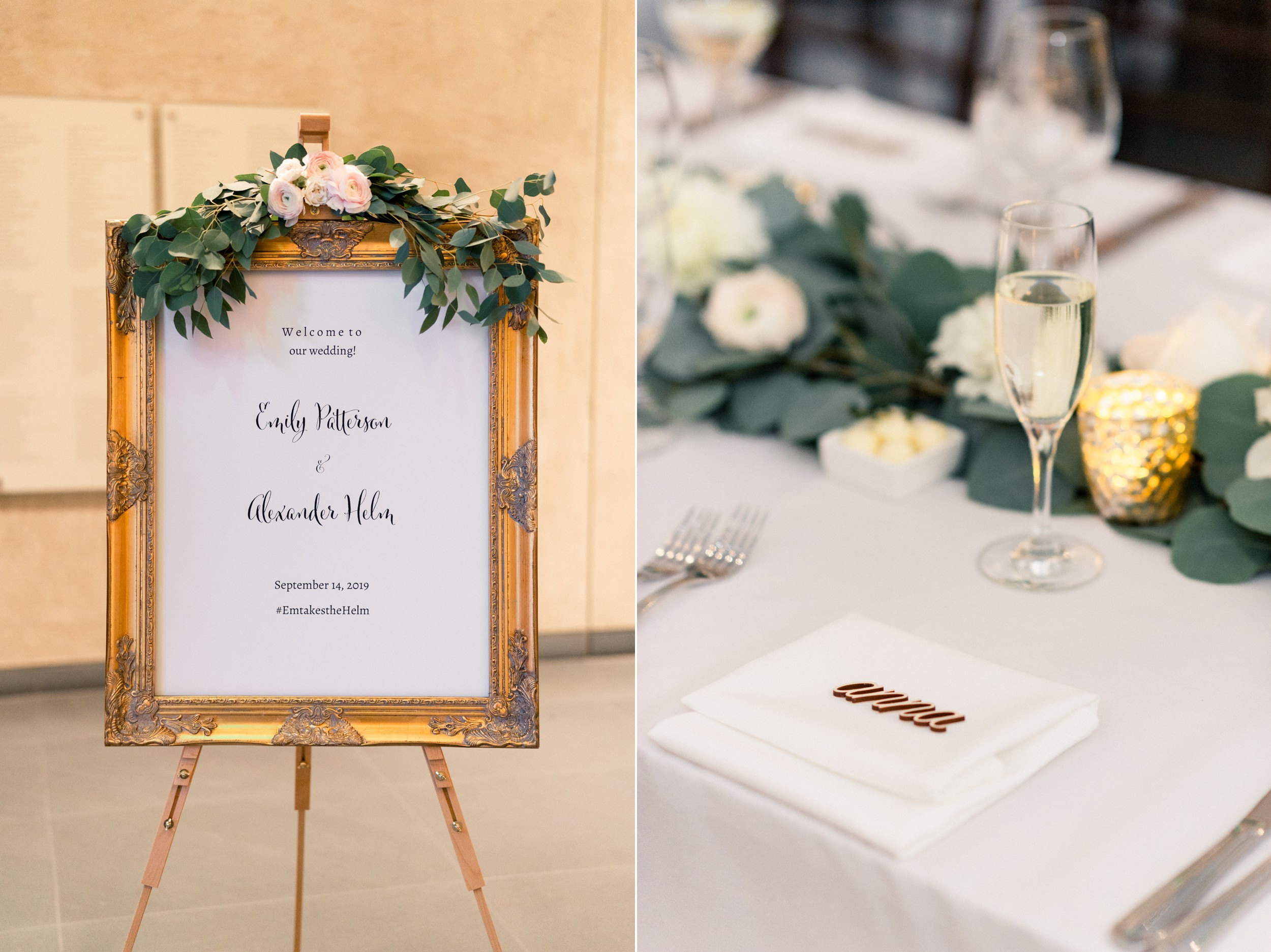 gold framed welcome sign at Harvard Art Museum wedding reception and wooden cut-out name plates