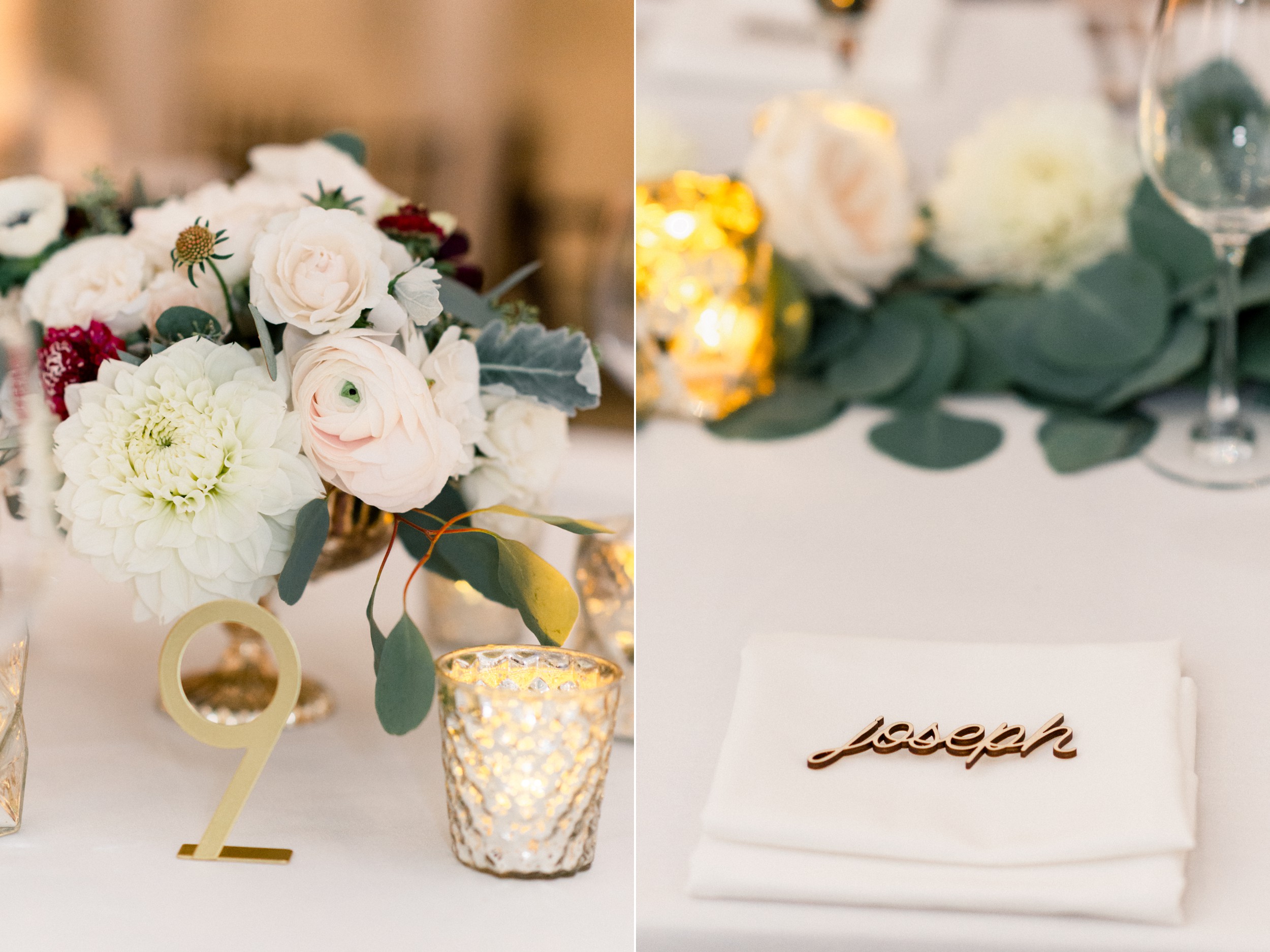 Harvard Art Museum wedding reception with wooden cut-out name plate for the bride and bridal party and modern gold table numbers