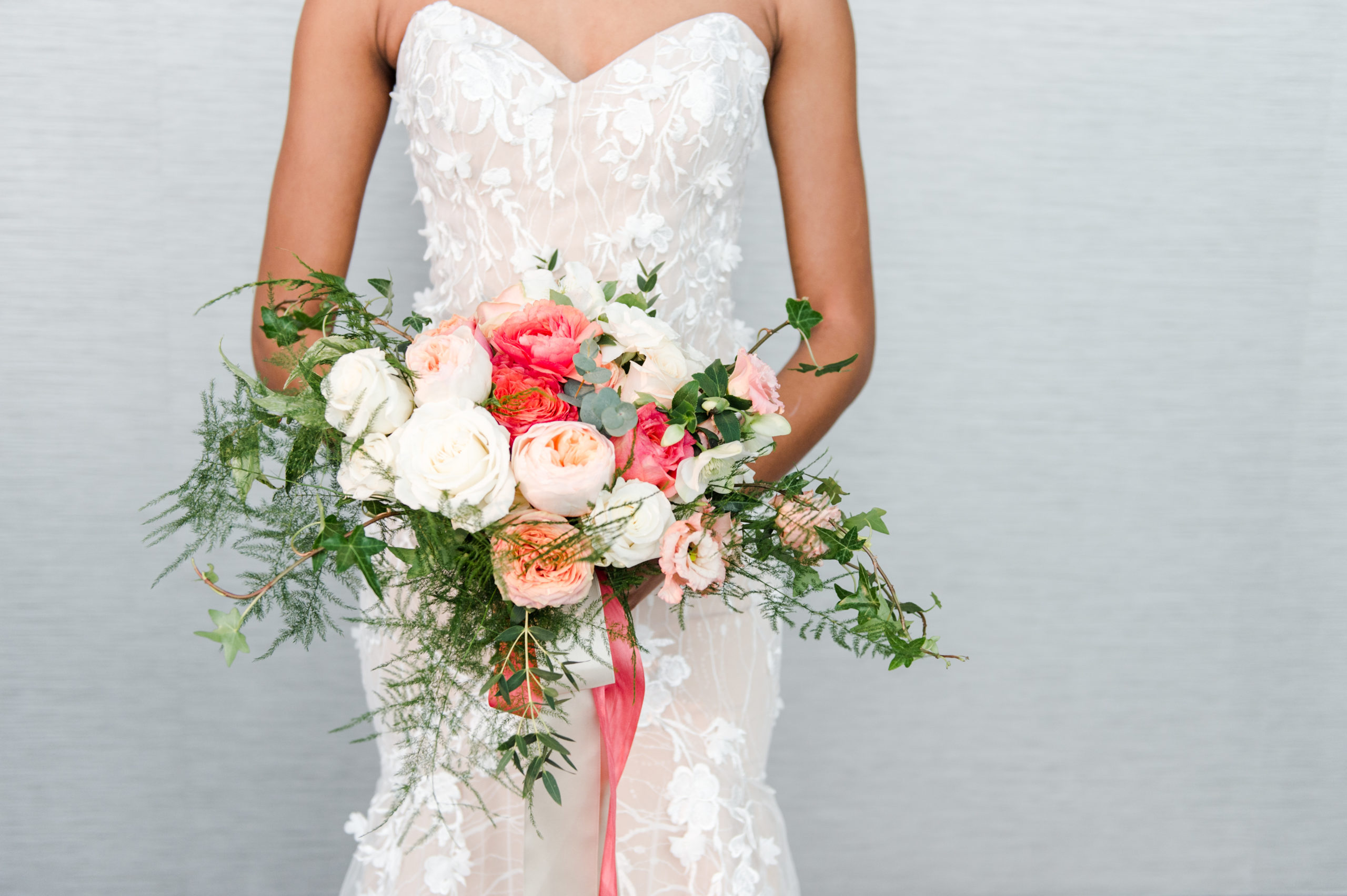 Bridal Bouquet in pinks and coral with silk ribbon