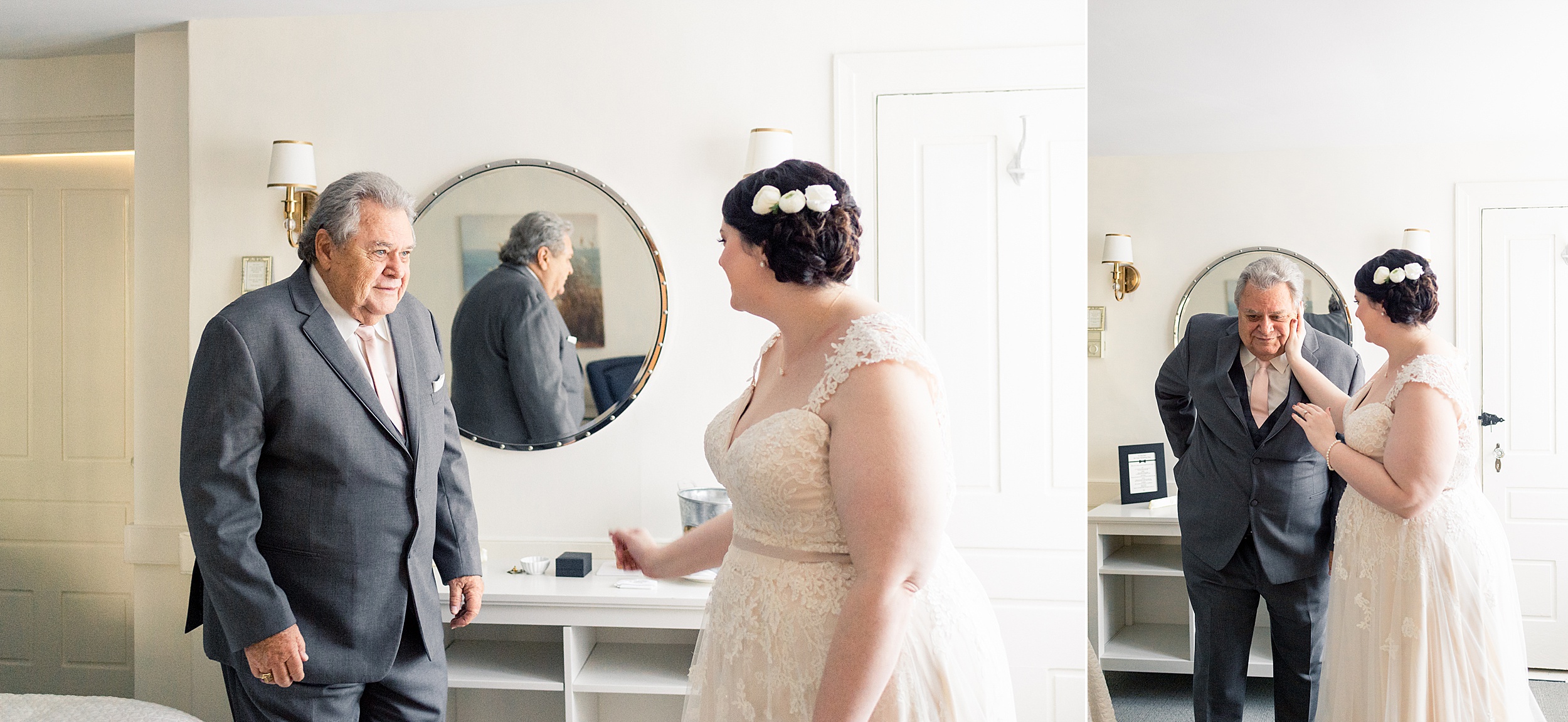 bride has sweet reveal with her grandfather before she sees her groom at her york harbor inn wedding in york Maine