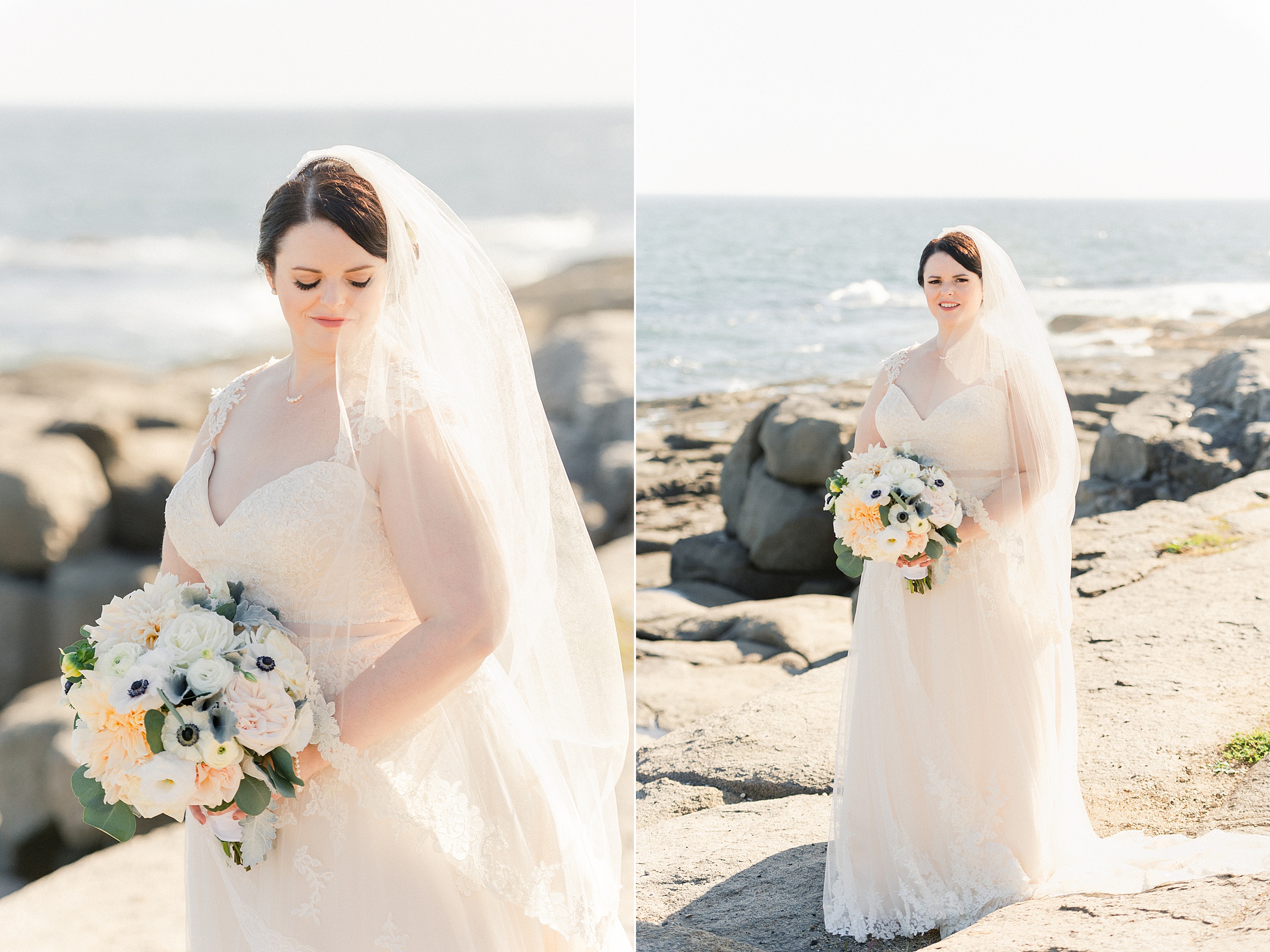 classic bridal portraits of bride in veil and lace wedding dress at nubble lighthouse in york maine