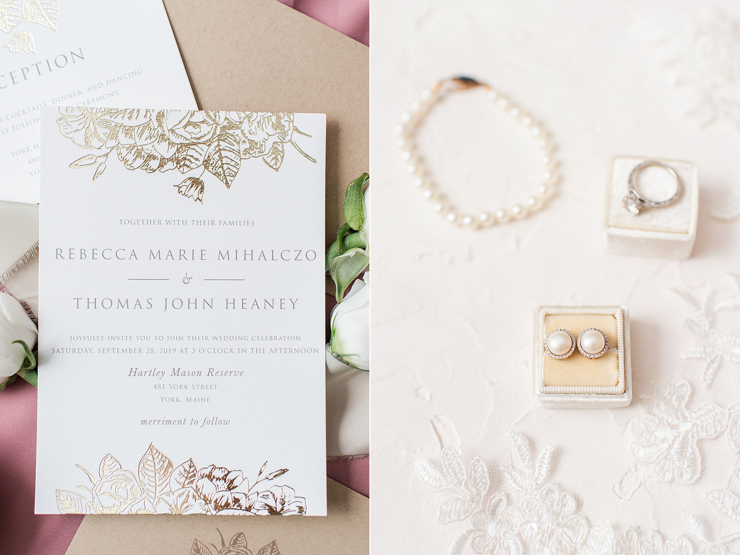 bridal details styled flat lay invitation suite pearl earrings mrs box lace 