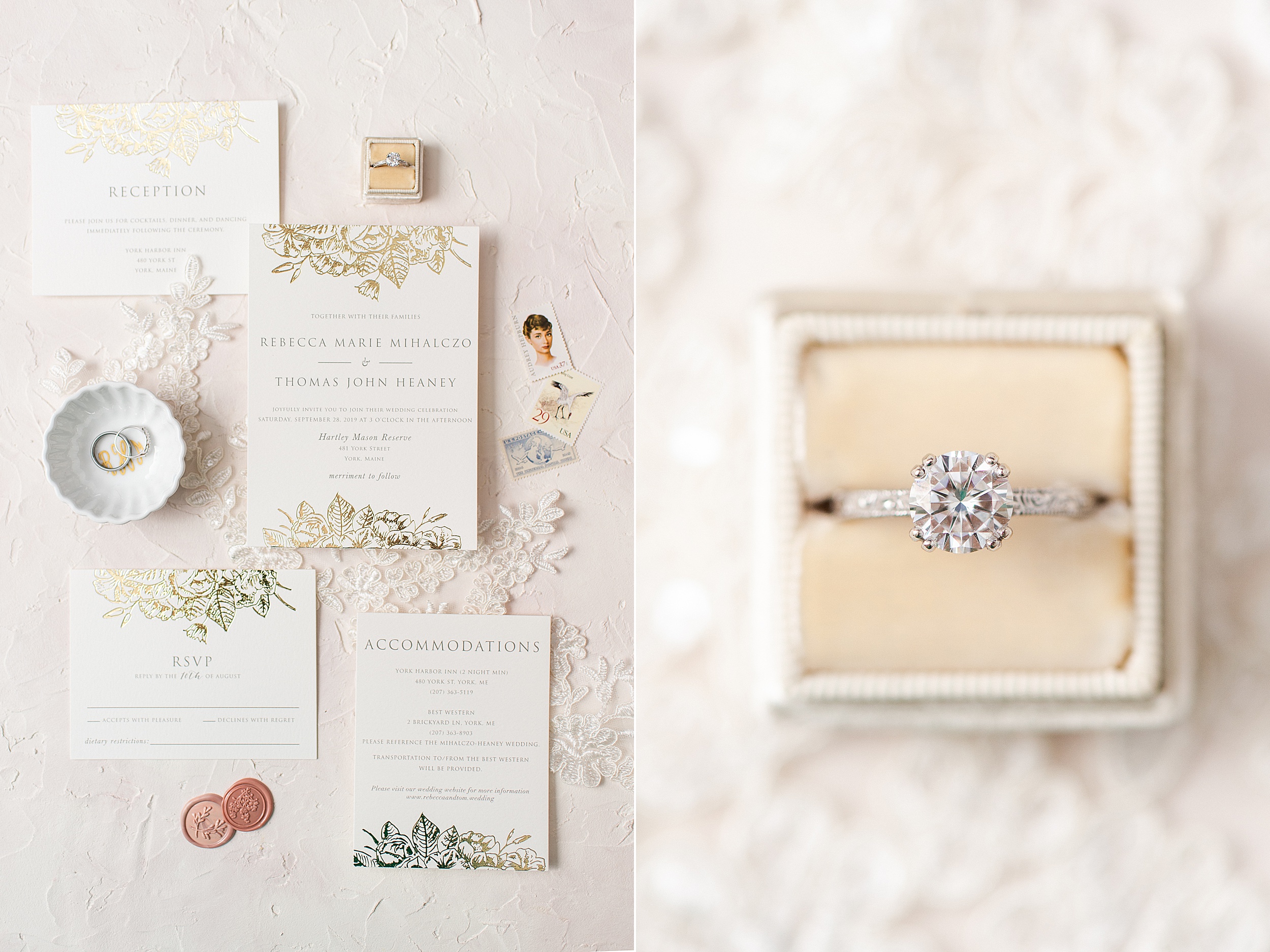 invitation suite and engagement ring styled bridal flat lay with lace and mrs box