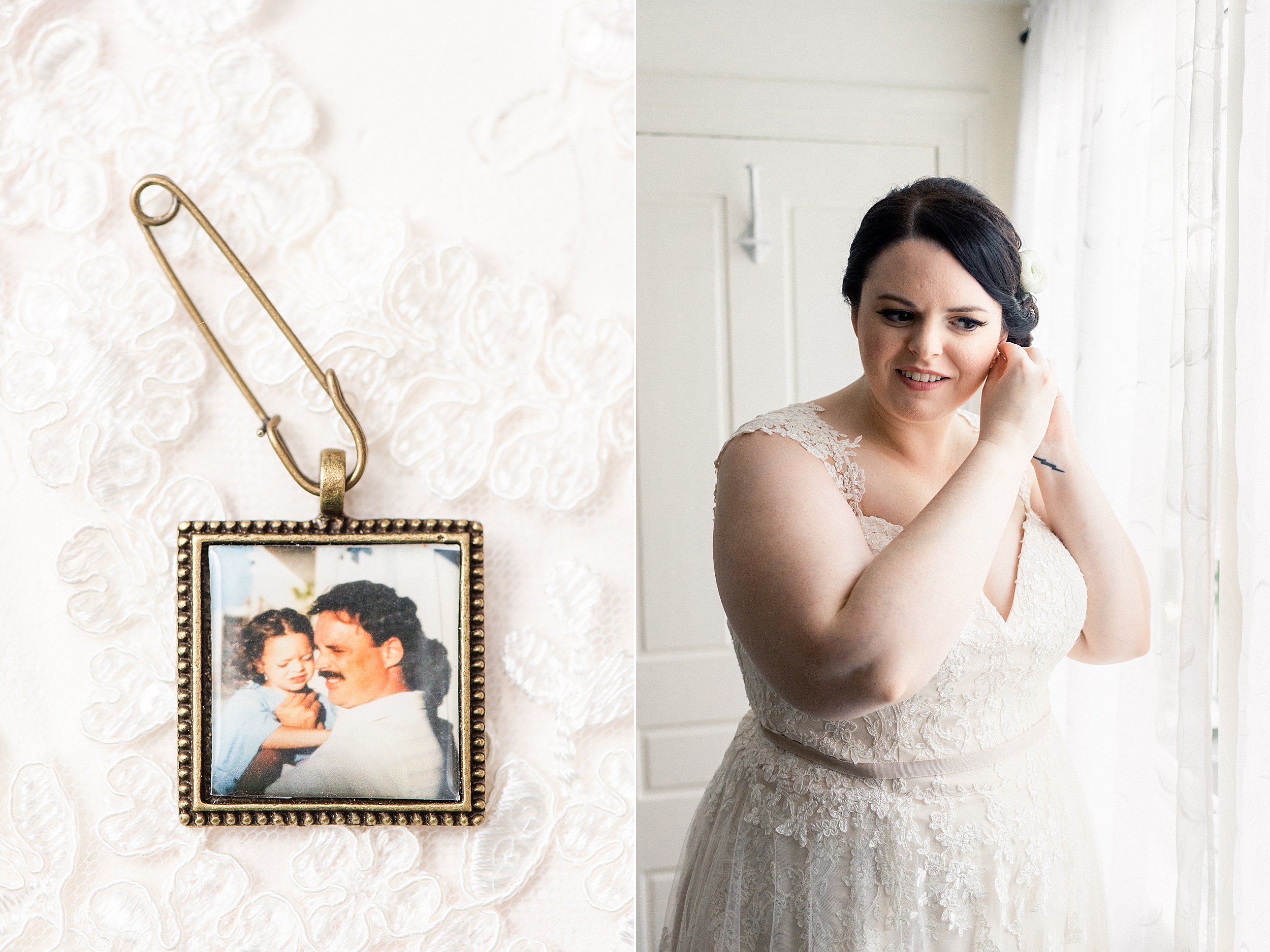 bride in lace dress puts on earrings before wedding ceremony and carries photo of father on her bouquet